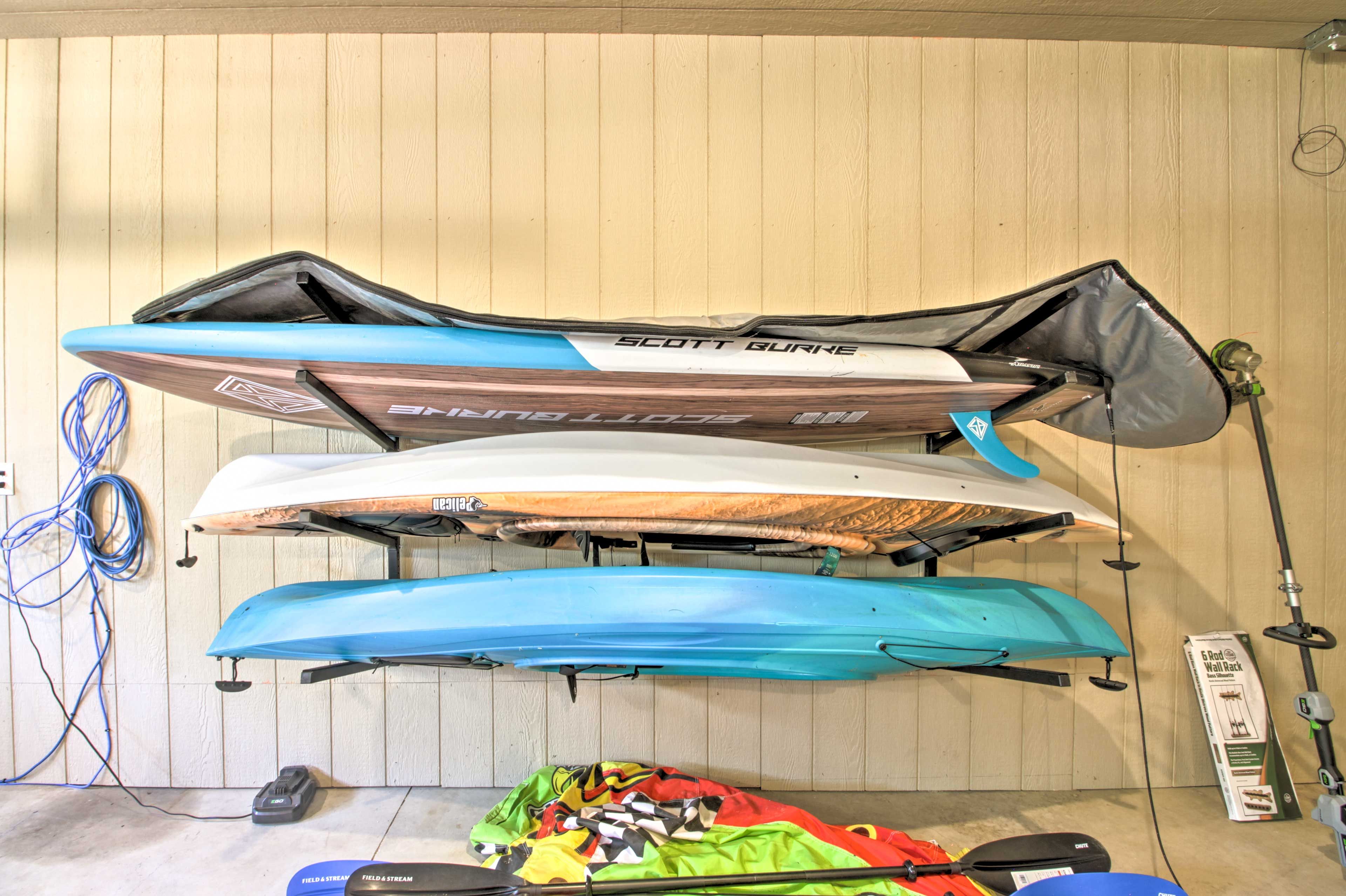Garage | Kayaks, Canoe, & Paddleboard Available for Use | Life Jackets