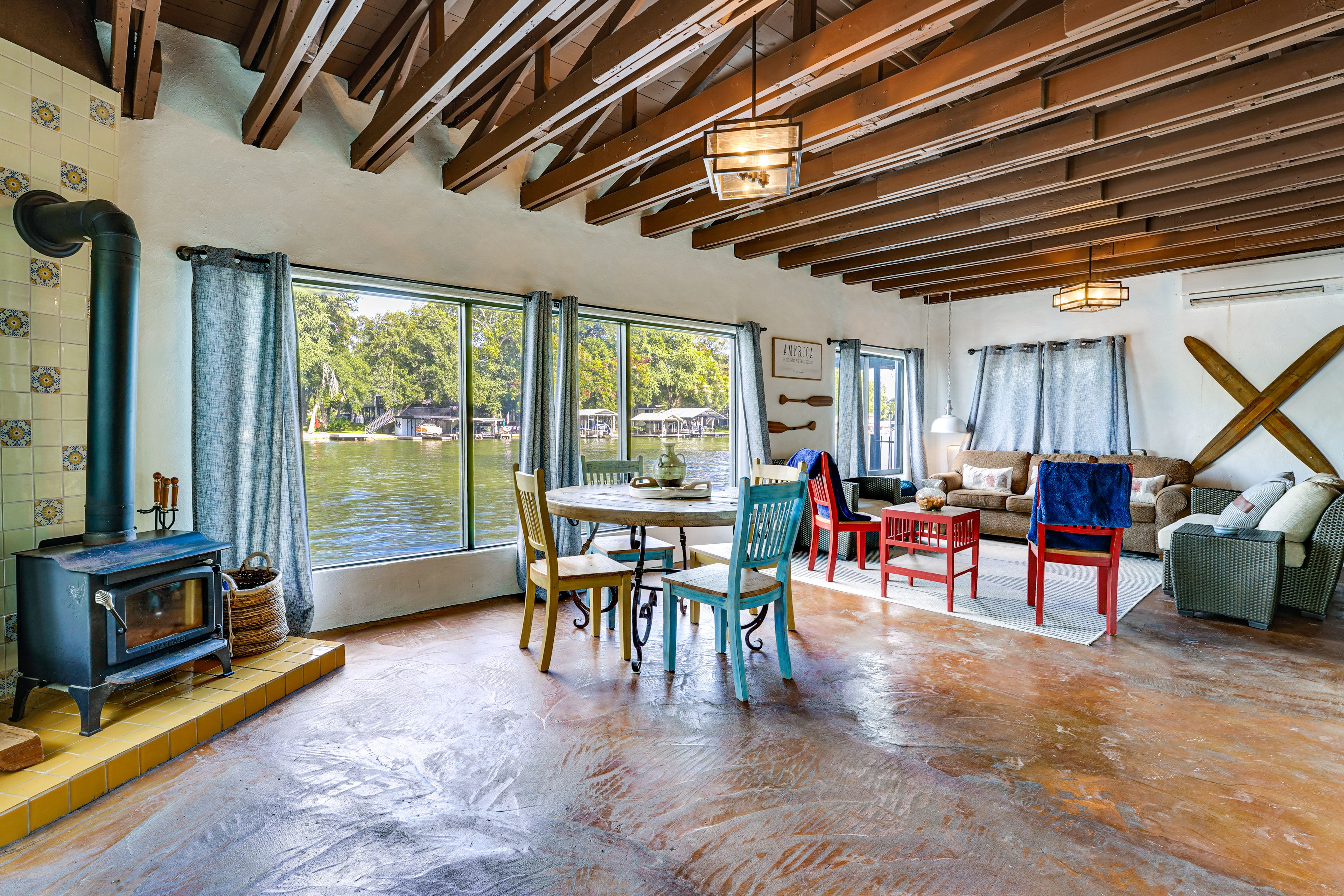 Boathouse Living Area | Wood-Burning Stove | River Views