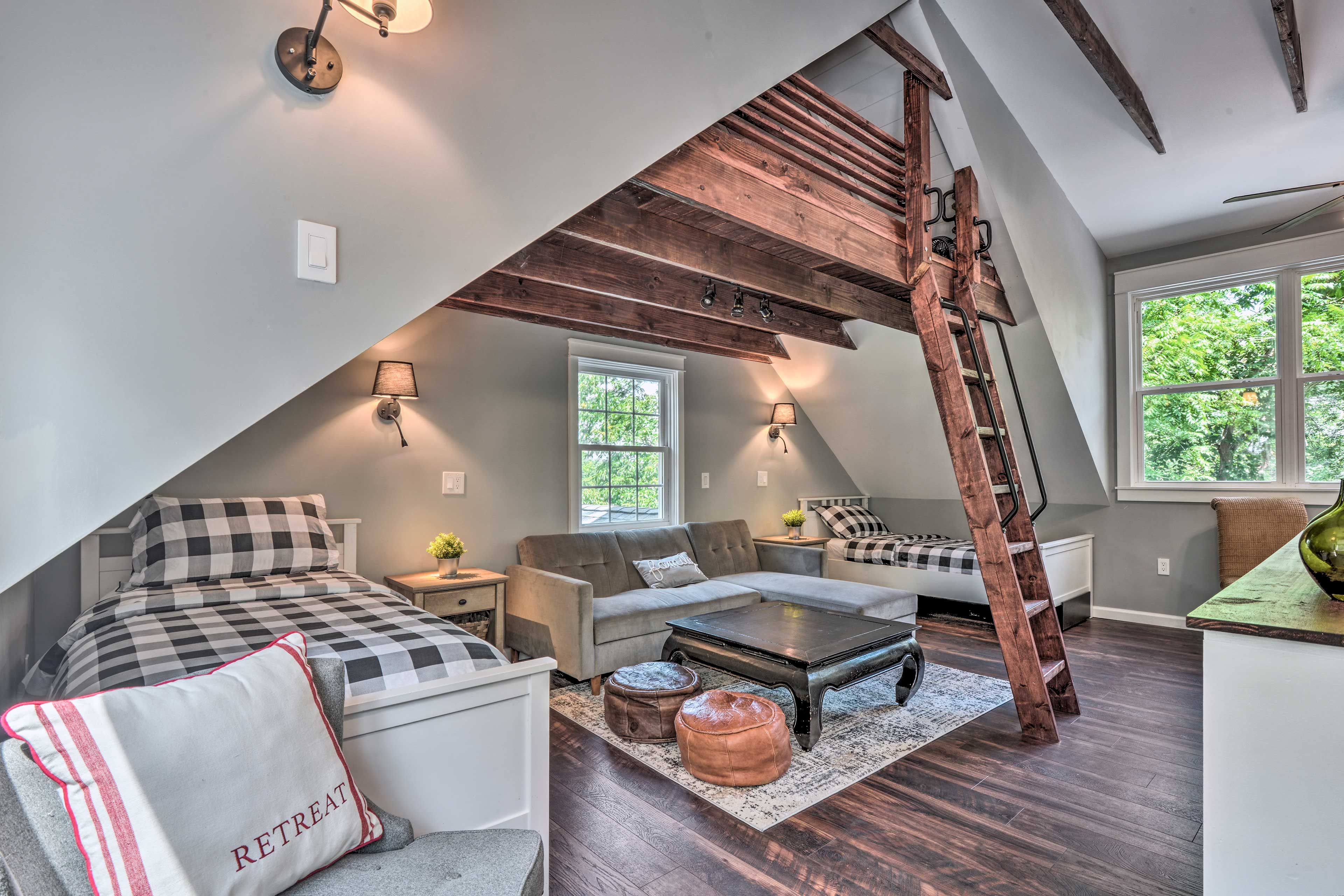 Upper Room | Stairs Required | 2 Twin Beds | Sleeper Sofa | Queen Daybed