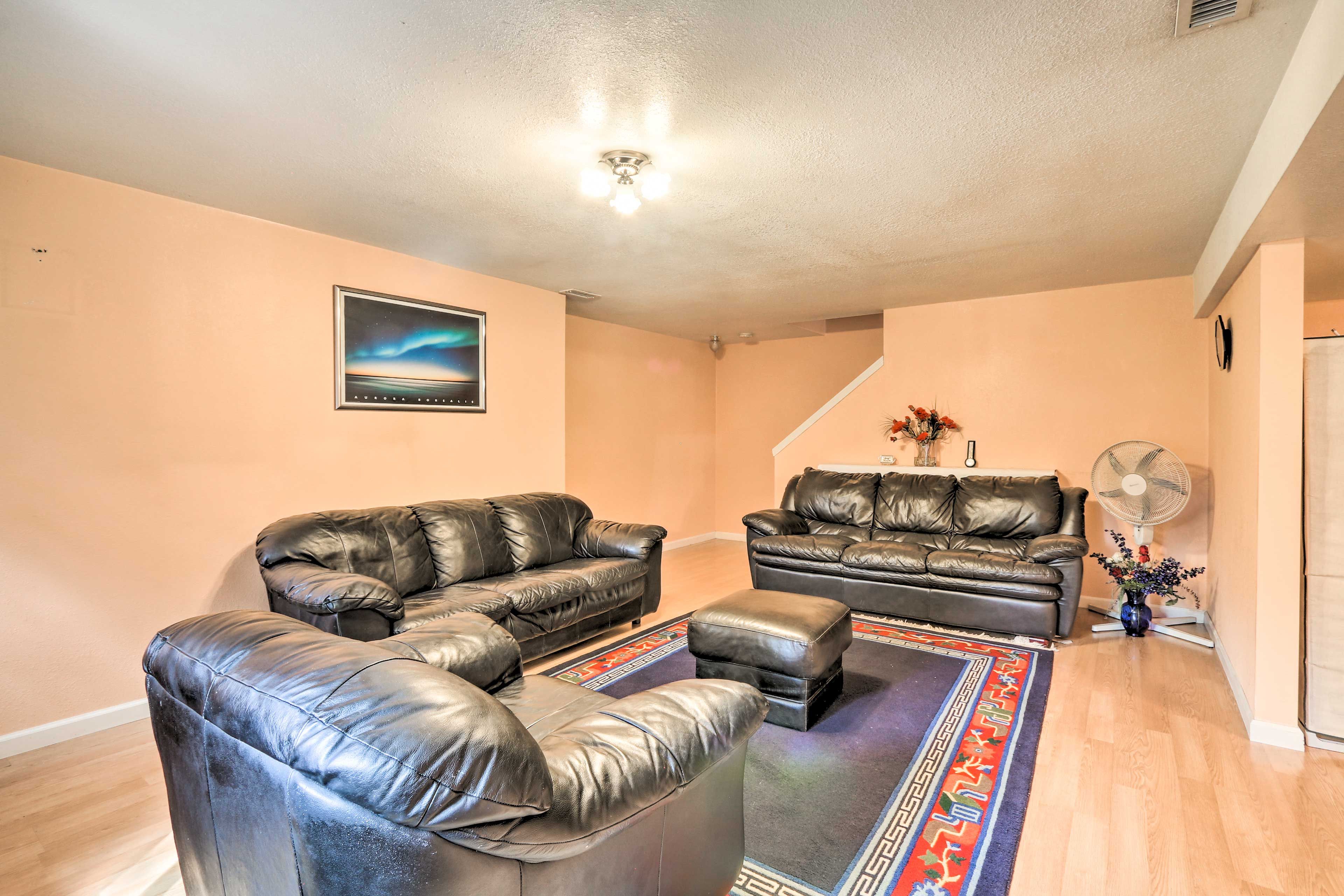 Basement Living Room | Full Sleeper Sofa | No Stairs Required from Back Door