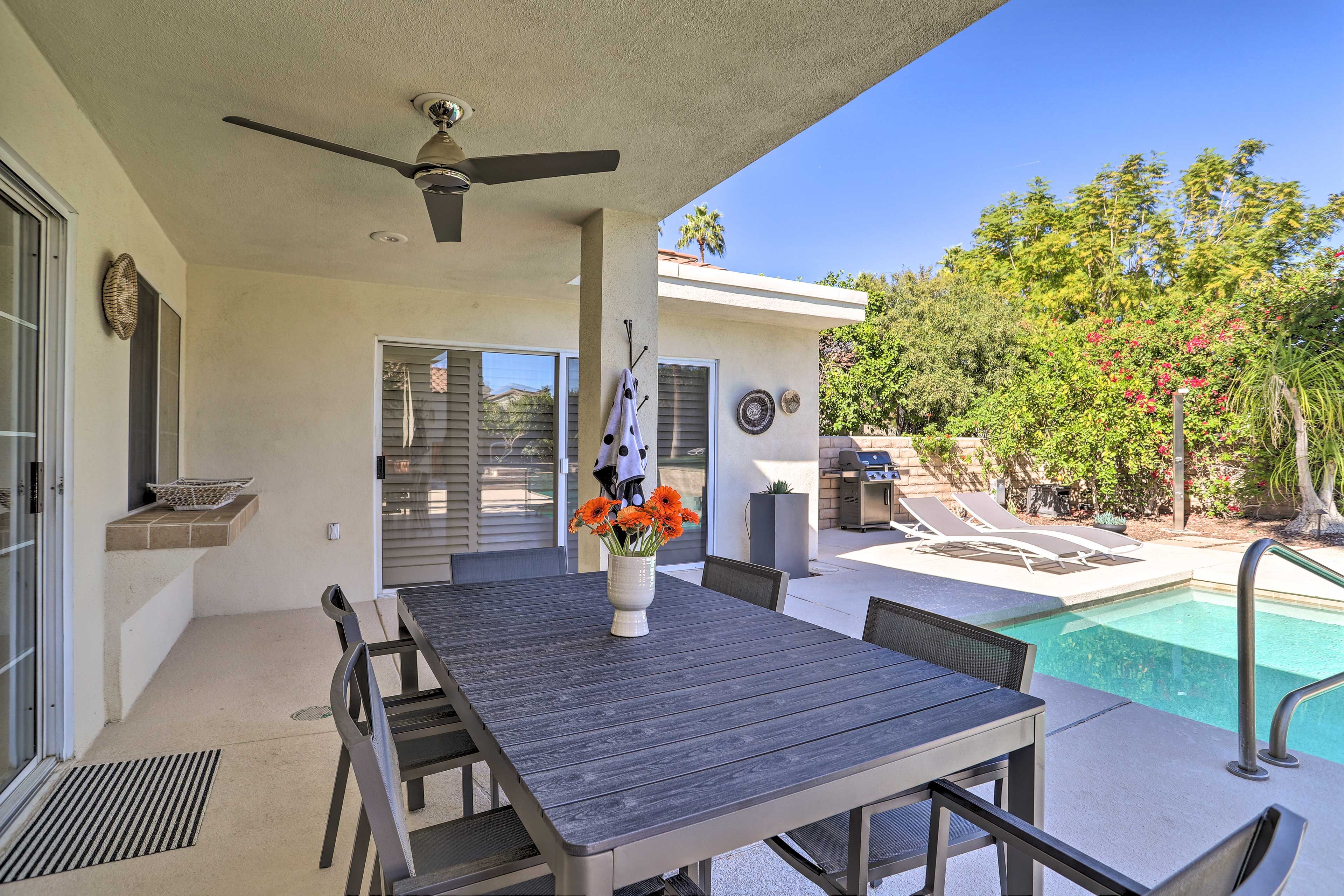 Patio | Access via Kitchen & Bedroom 1 | Dining Table | Lounge Chairs