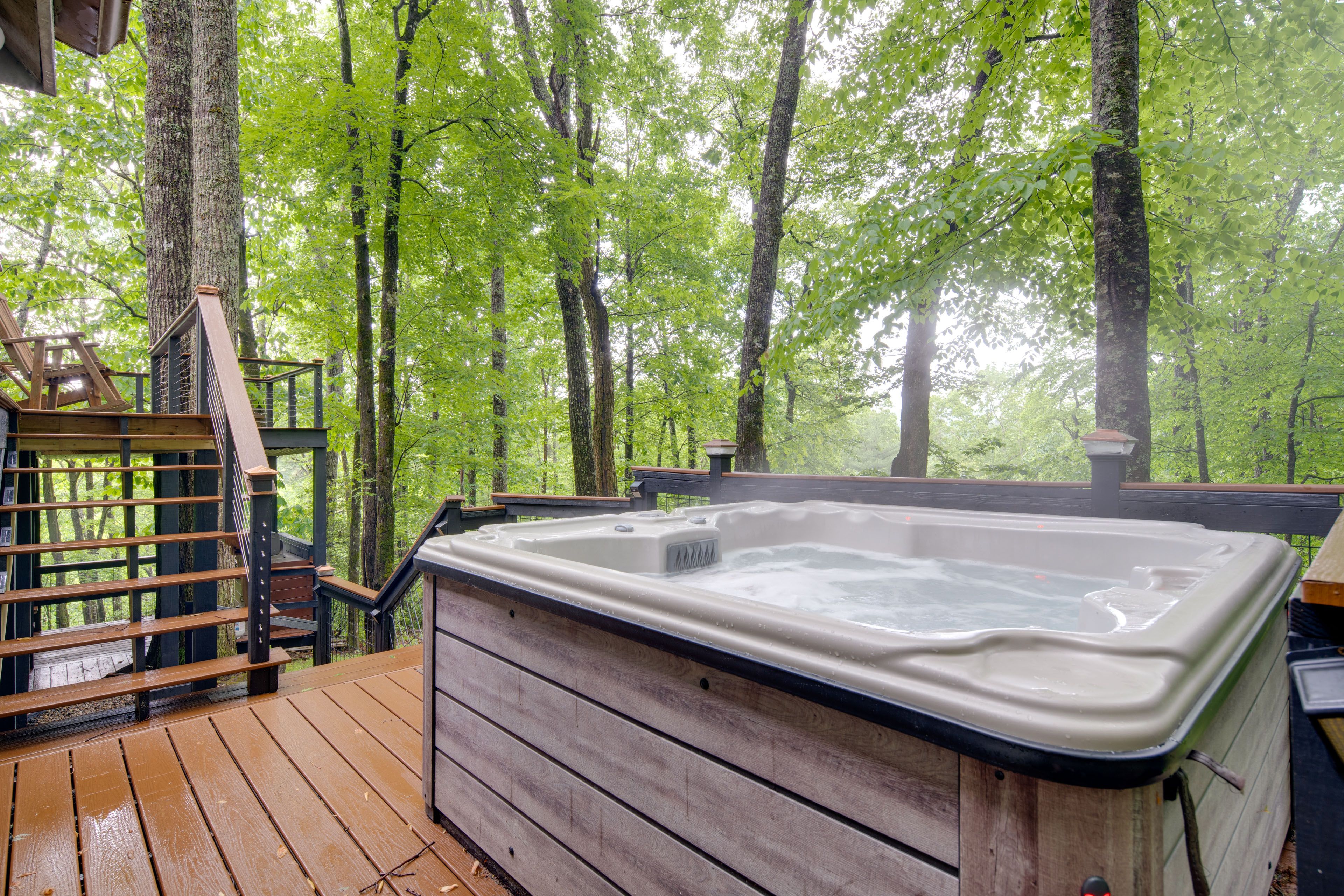 Furnished Deck | Seating & Picnic Areas | Private Hot Tub | Gas Grill