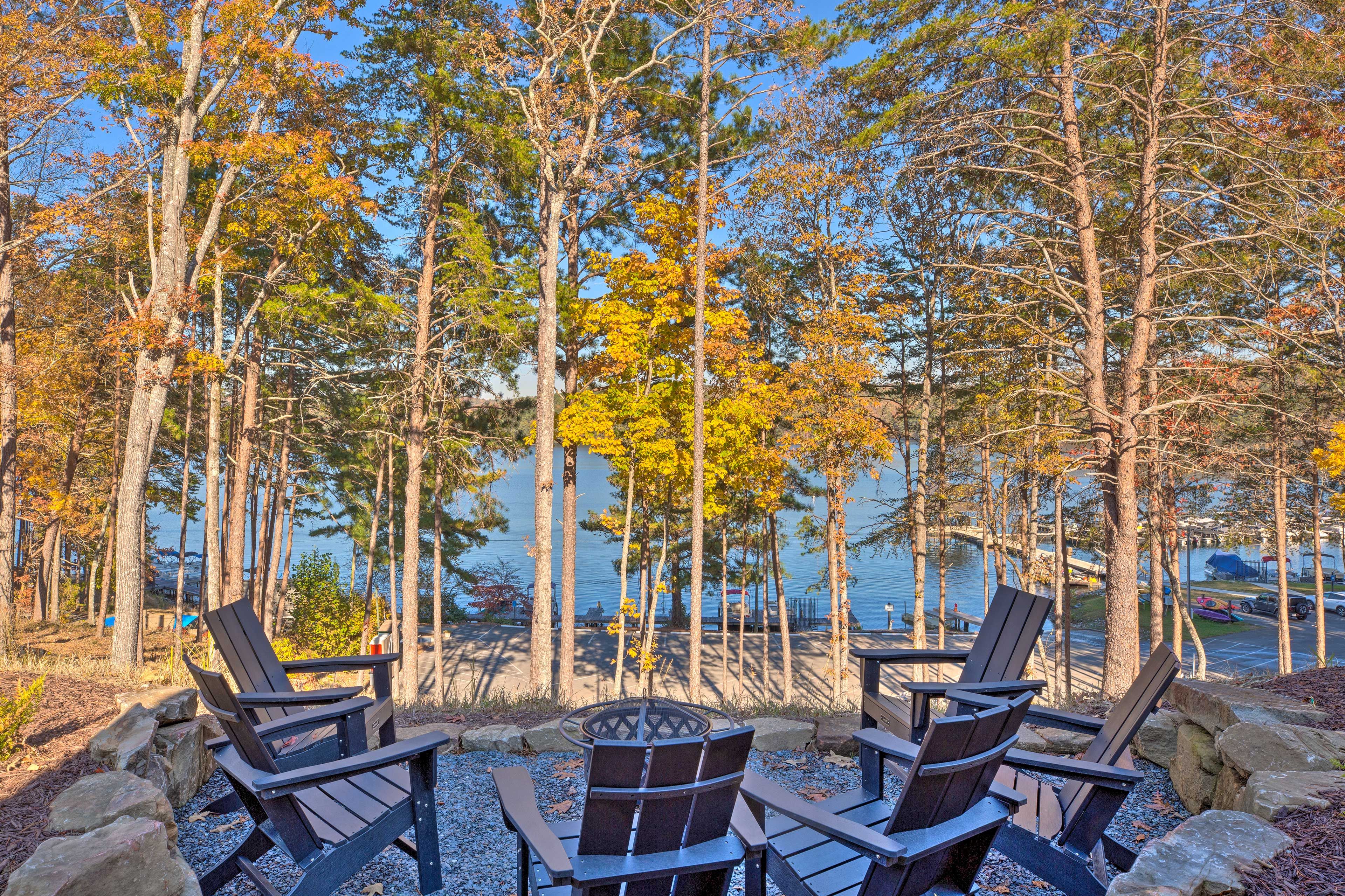 Private Yard | Fire Pit w/ Seating | Lake Access
