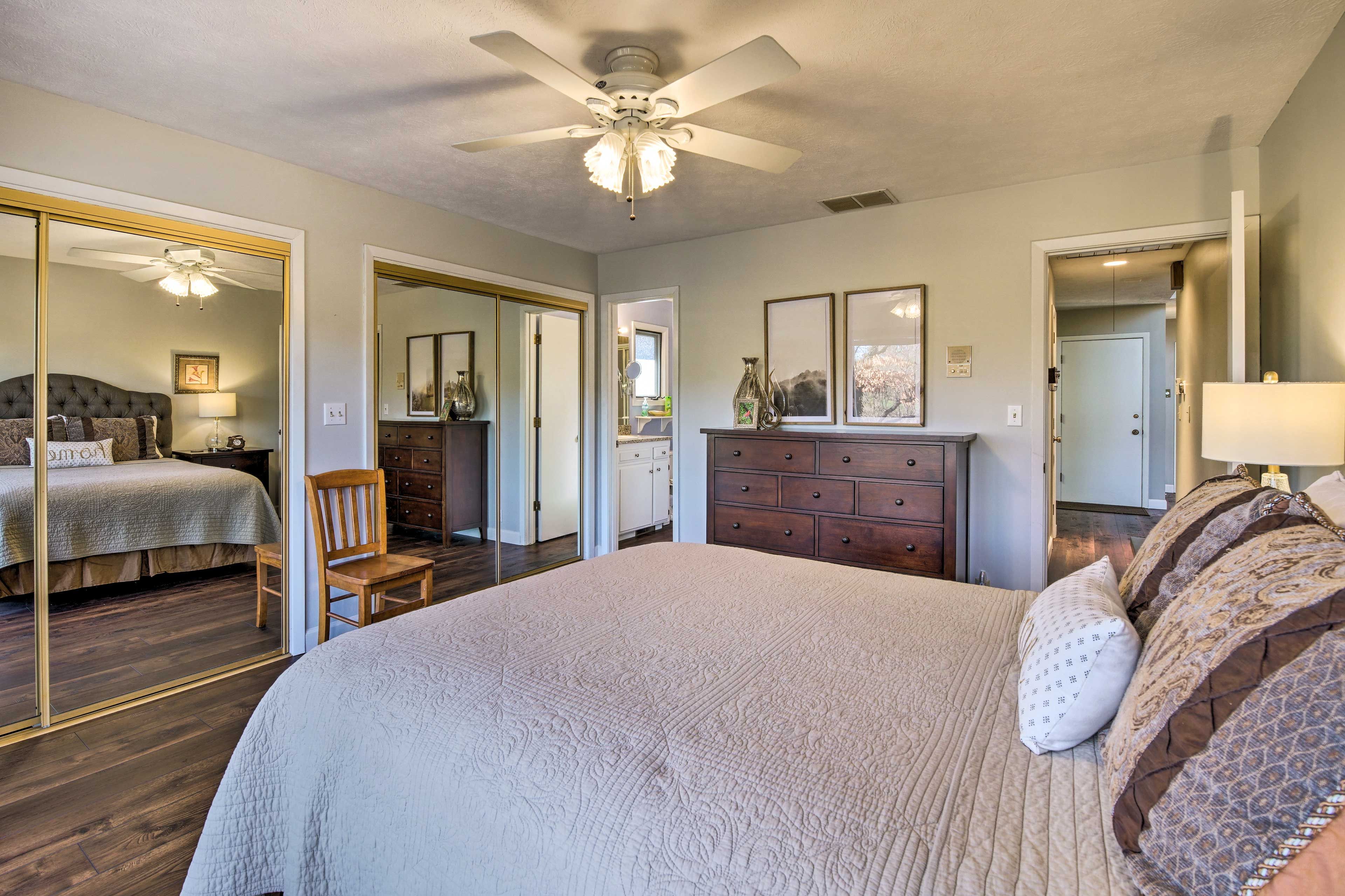 Bedroom 1 | Smart TV w/ Cable | Linens Provided | Access to Deck