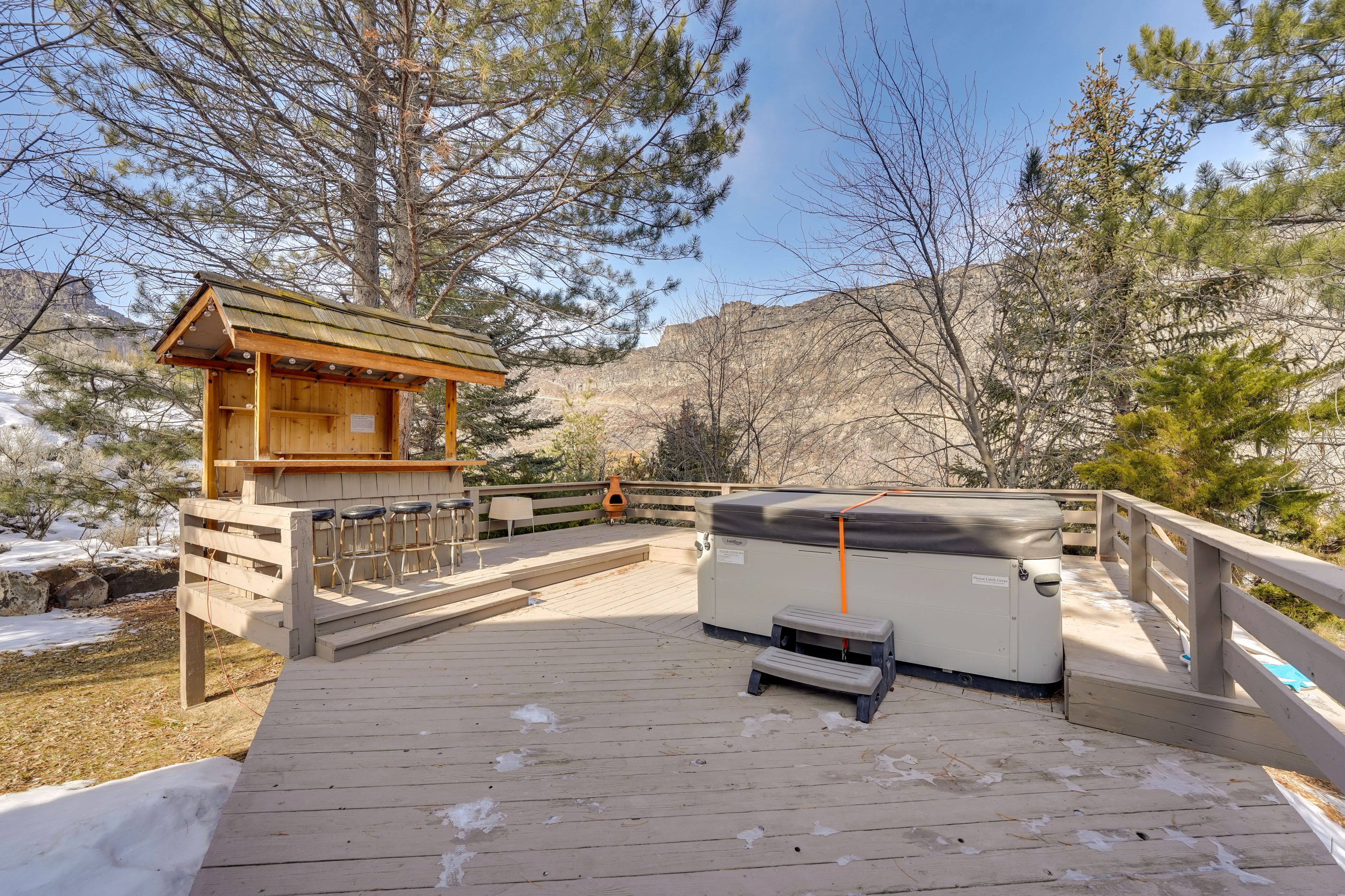 House Exterior | Private Deck w/ Hot Tub