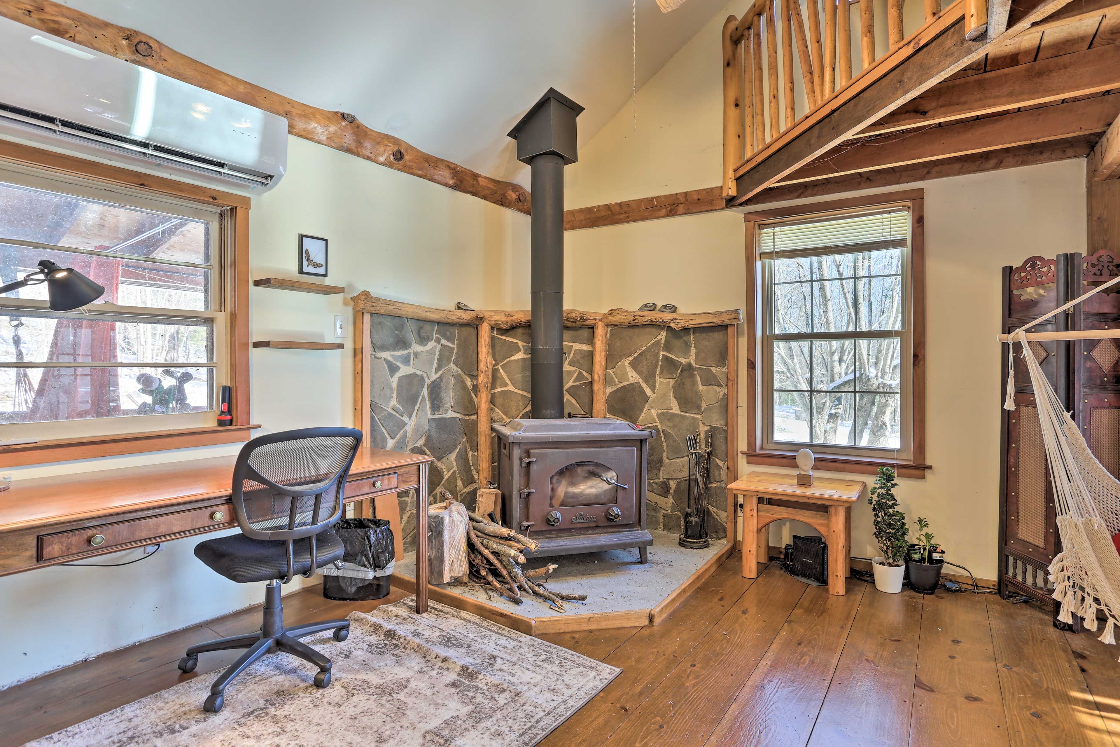 Living Room | Laptop-Friendly Workspace | Wood-Burning Stove