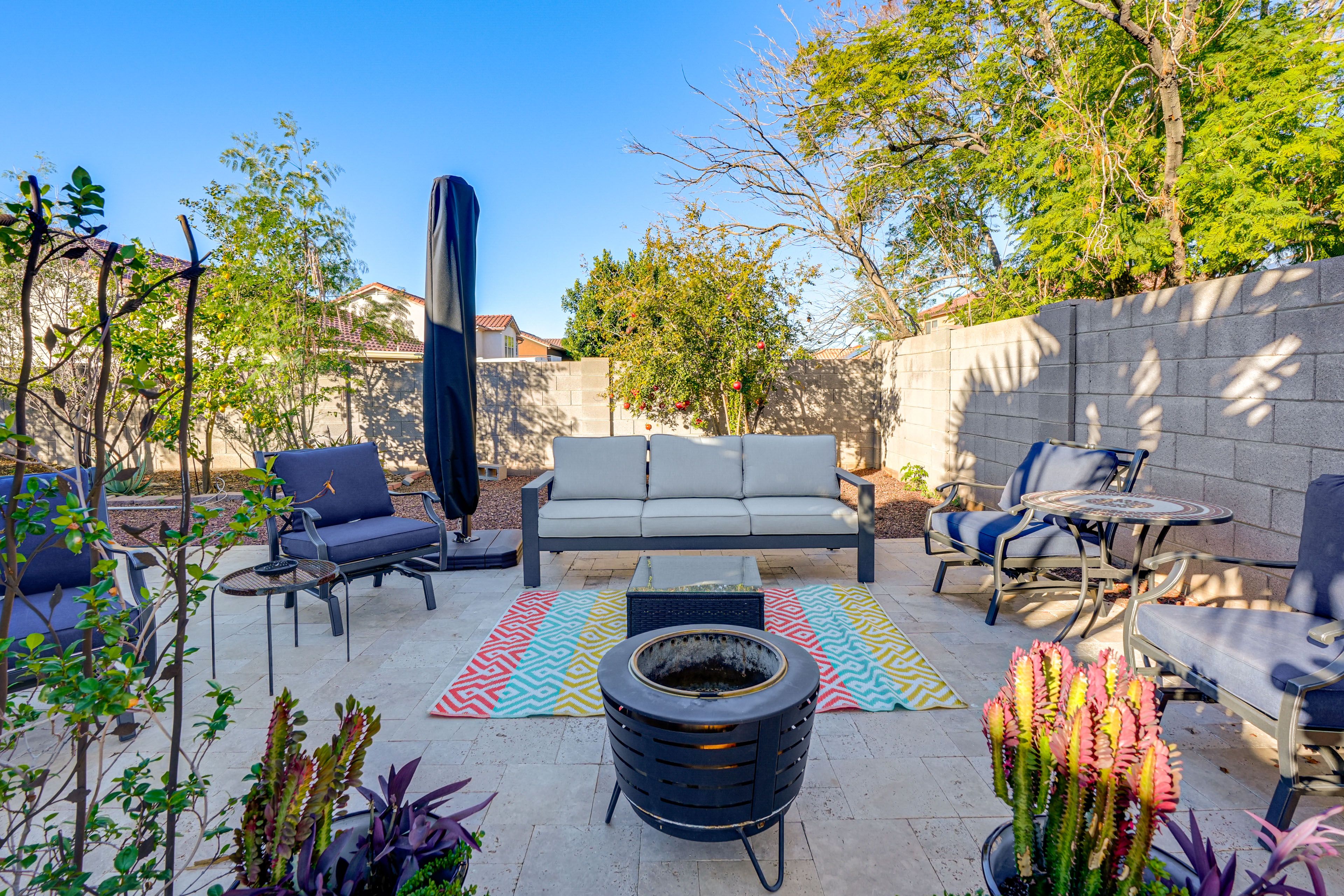 Furnished Patio | Fire Pit | Seating | Umbrella