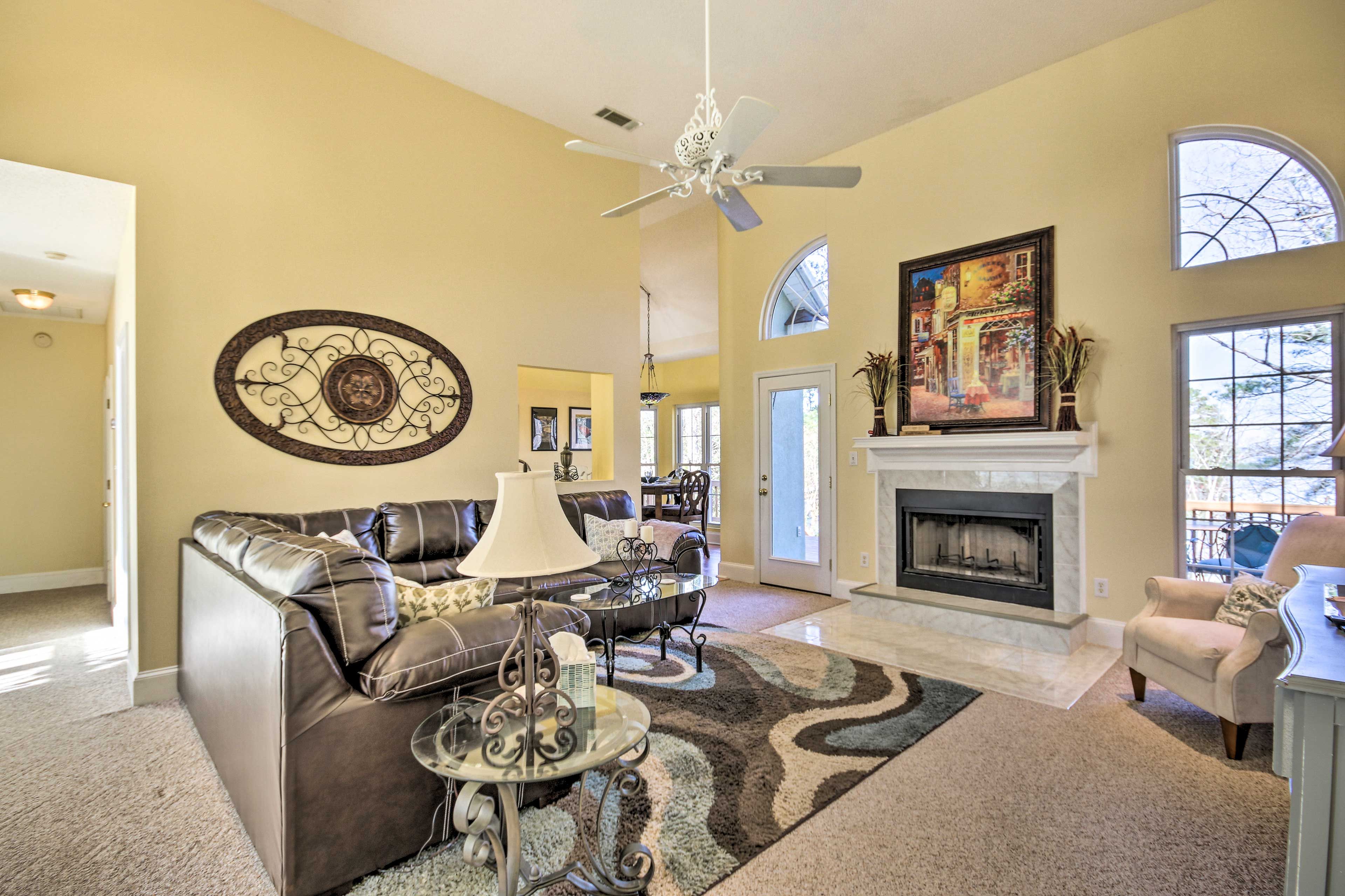 Living Room | Wood-Burning Fireplace | Access to Deck
