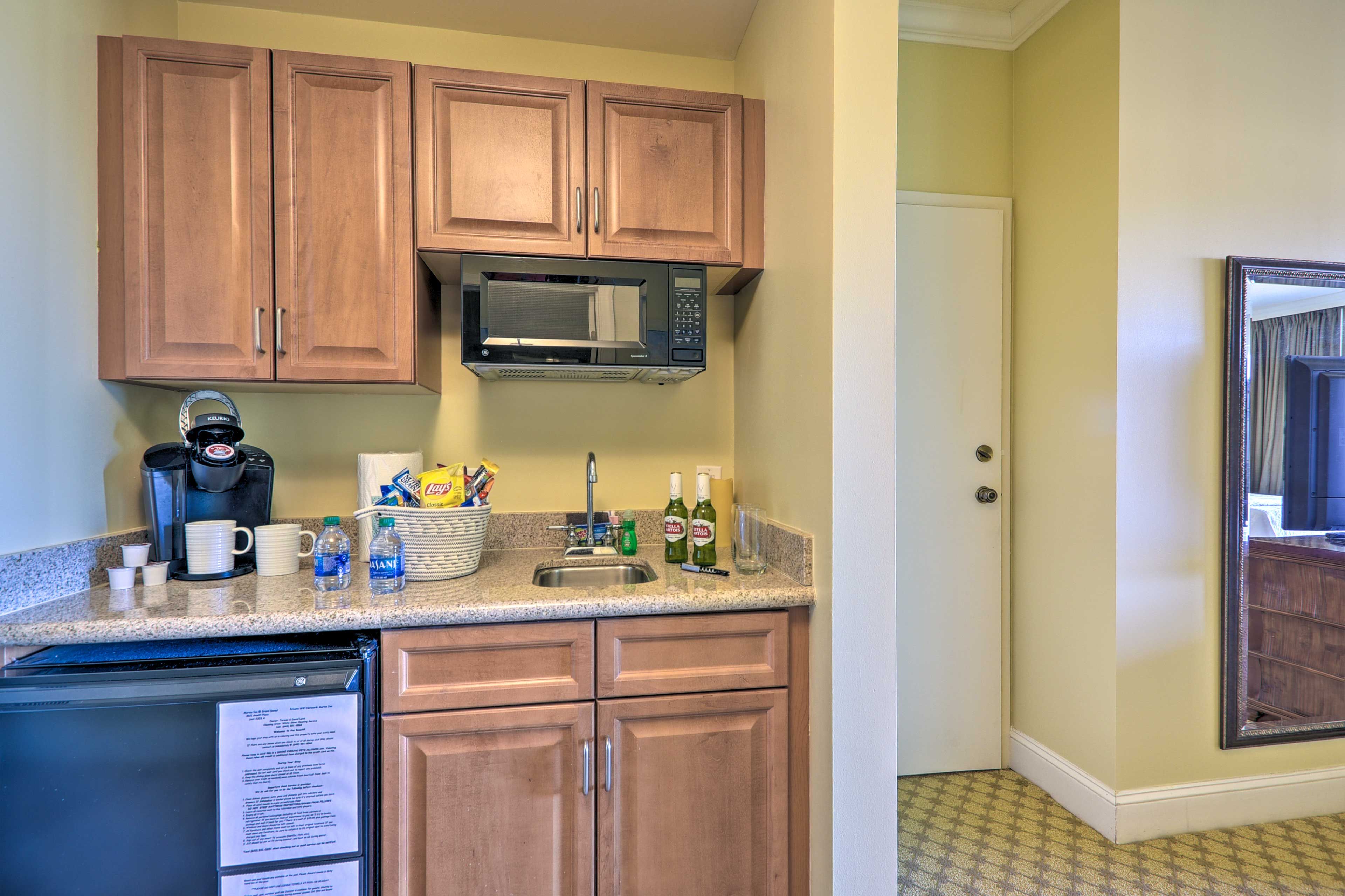 Kitchenette | Dishware & Flatware | Keurig Coffee Maker w/ K-Cups | Tea | Snacks