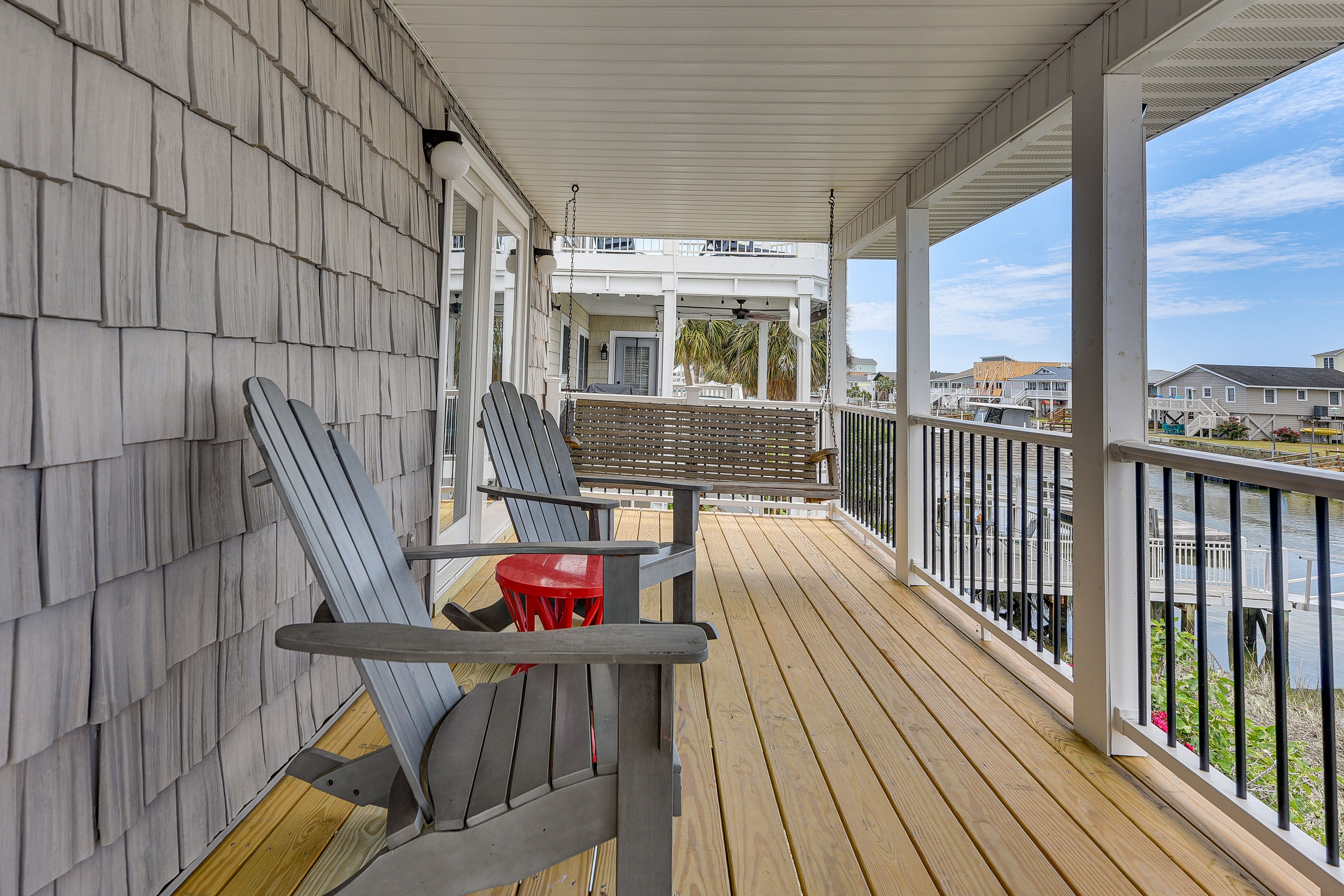 Covered Deck | Porch Swing | Seating | Water Views