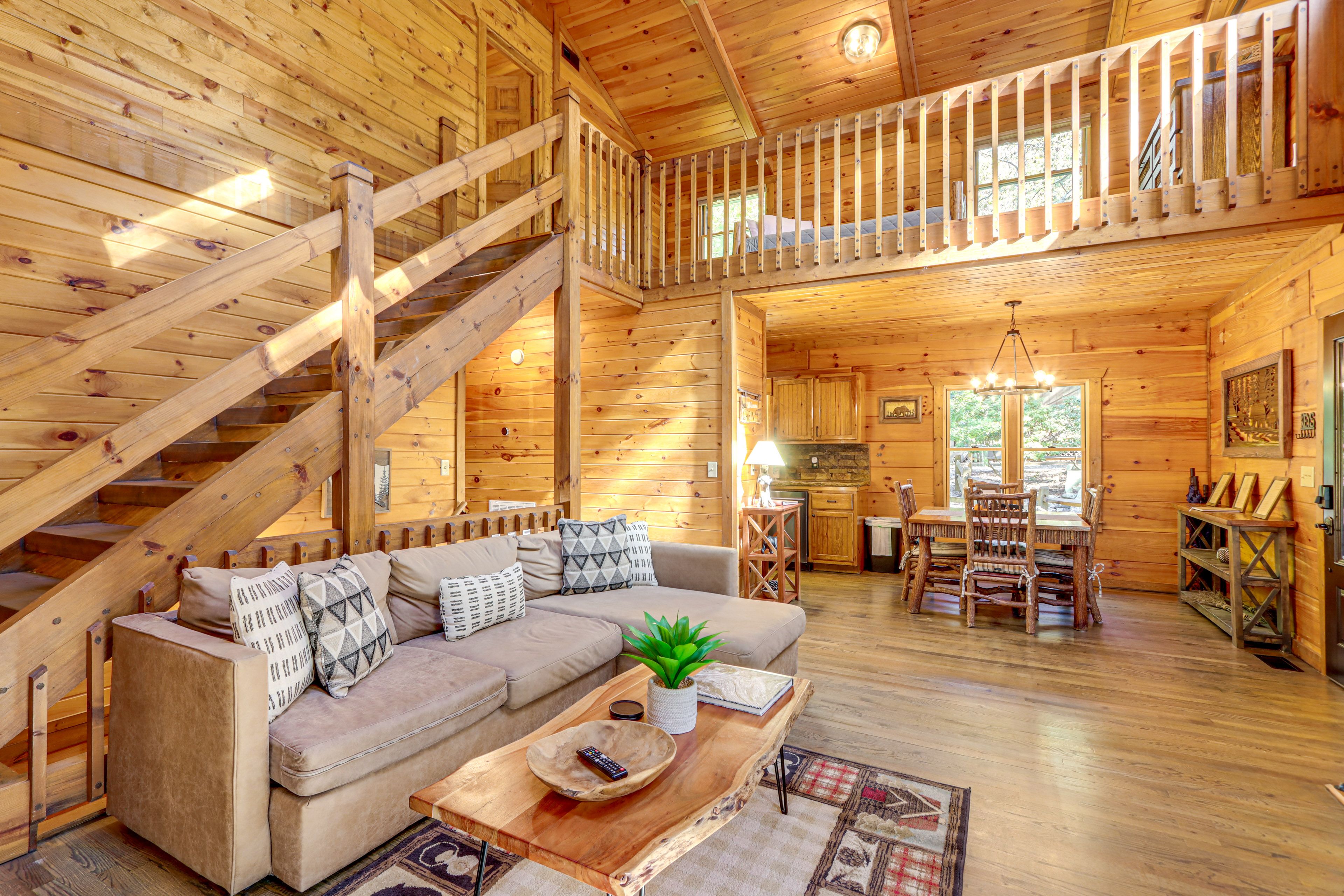 Cherry Log Vacation Rental | 2,430 Sq Ft | 4BR | 2.5BA | Stairs Required