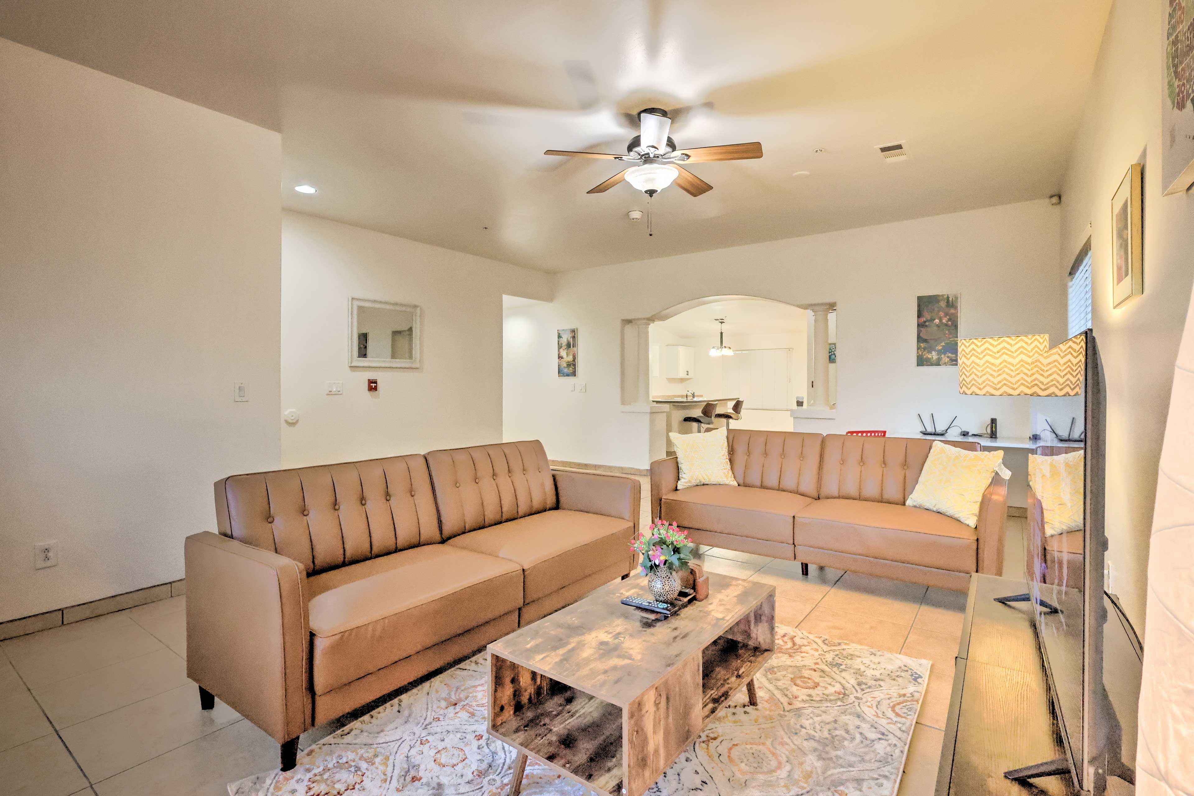 Living Room | Single-Story Home | 2 Sleeper Sofas | Central A/C & Heating