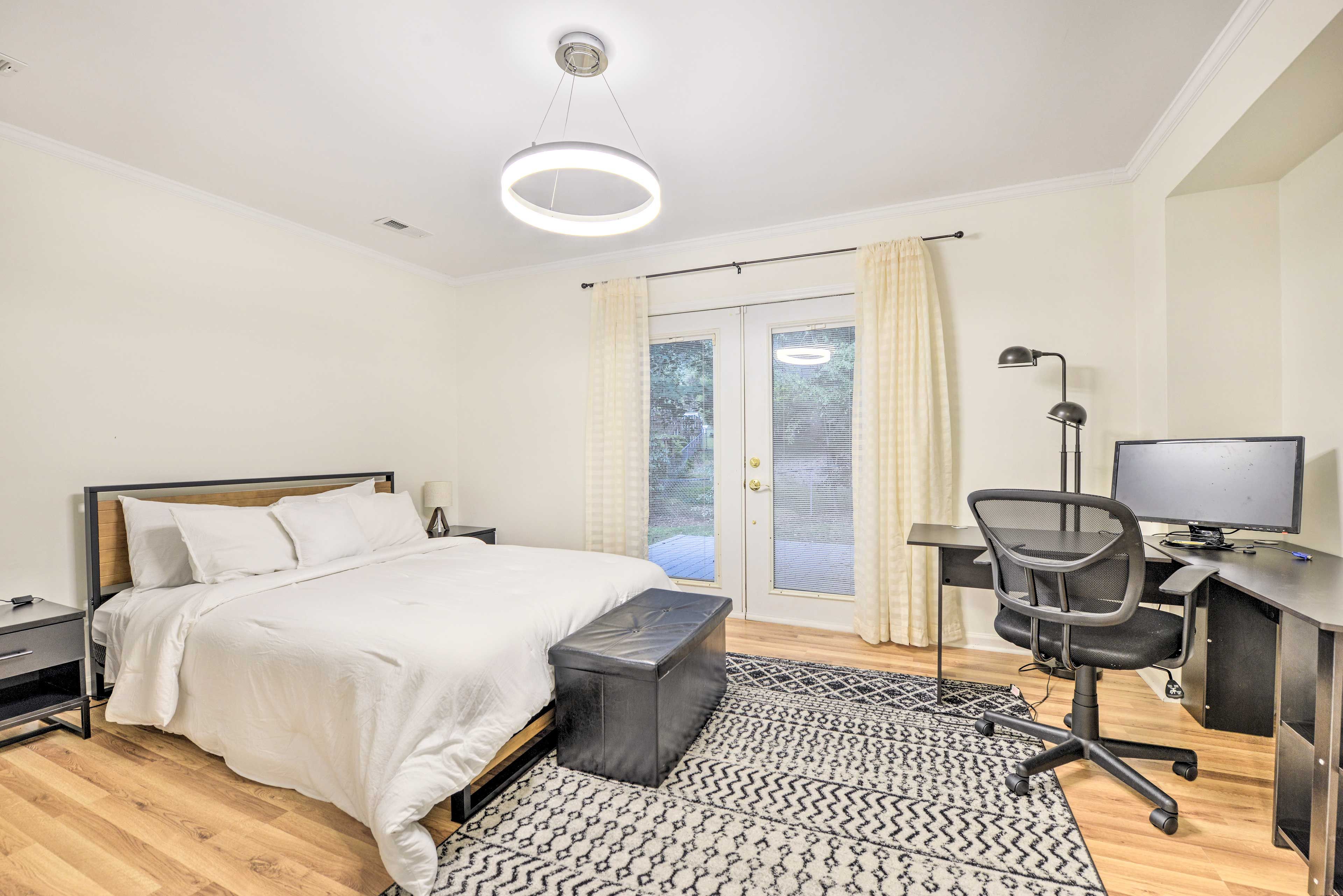 Bedroom 1 | Queen Bed | Deck Access | Desk w/ 24" Monitor