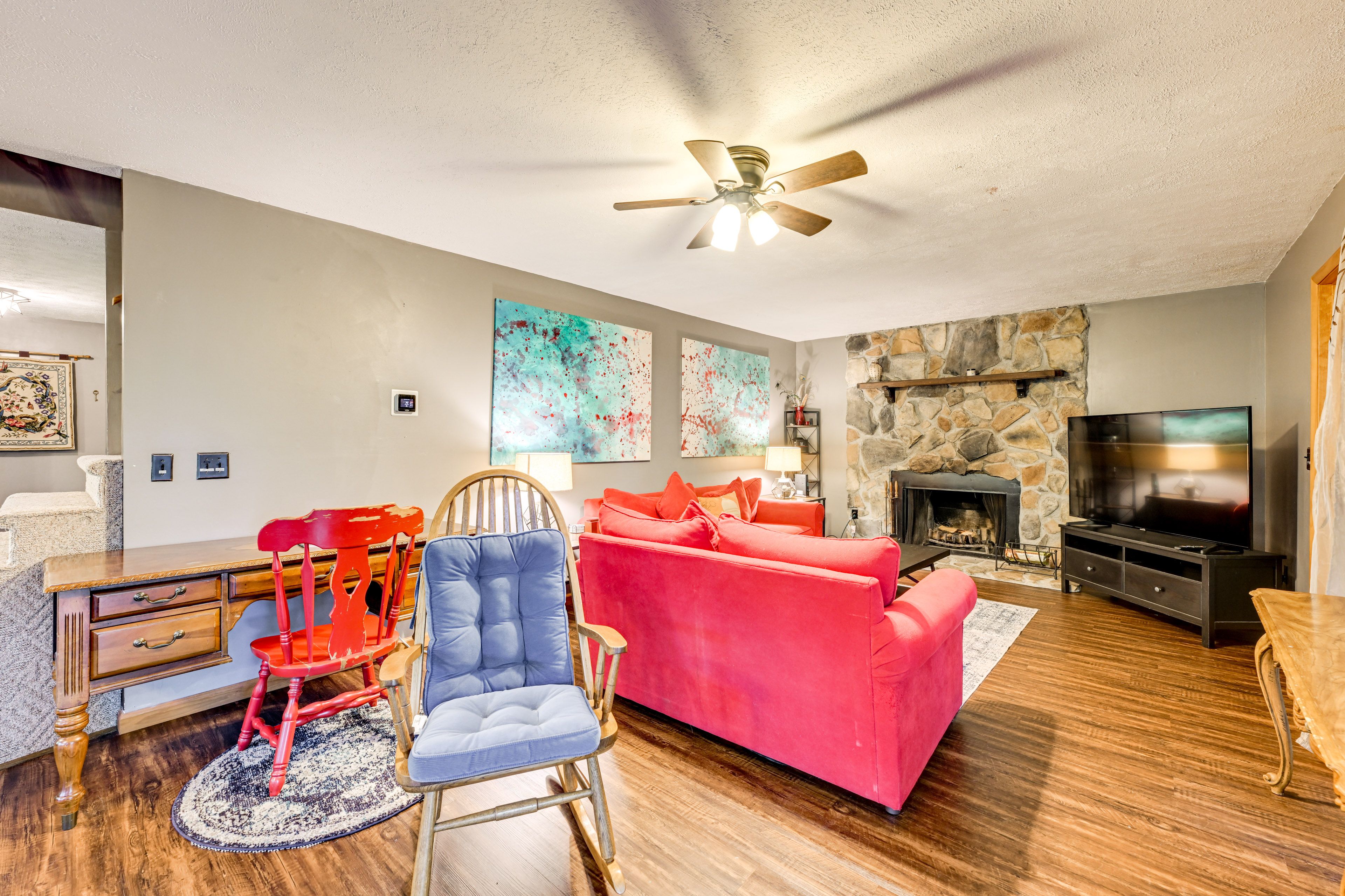Interior | Desk | Smart TV | Wood-Burning Fireplace