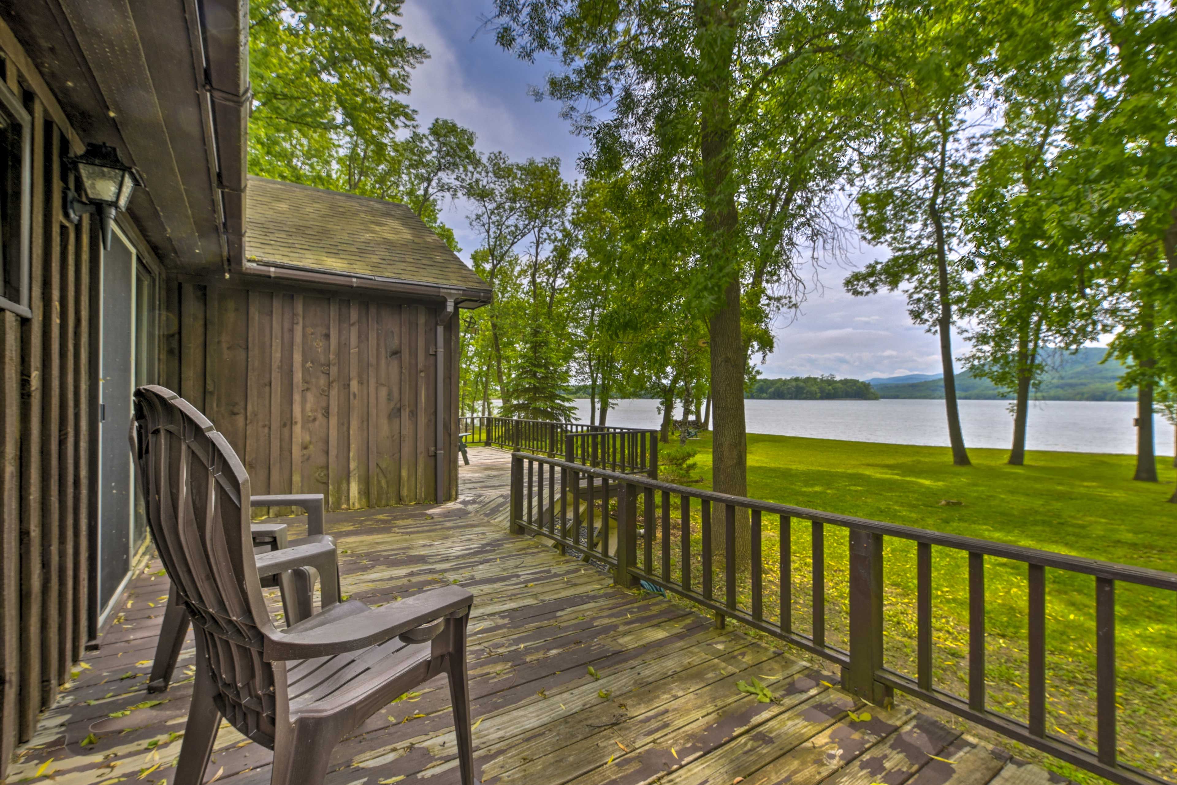 Spacious Deck | Lake & Adirondack Mountain Views