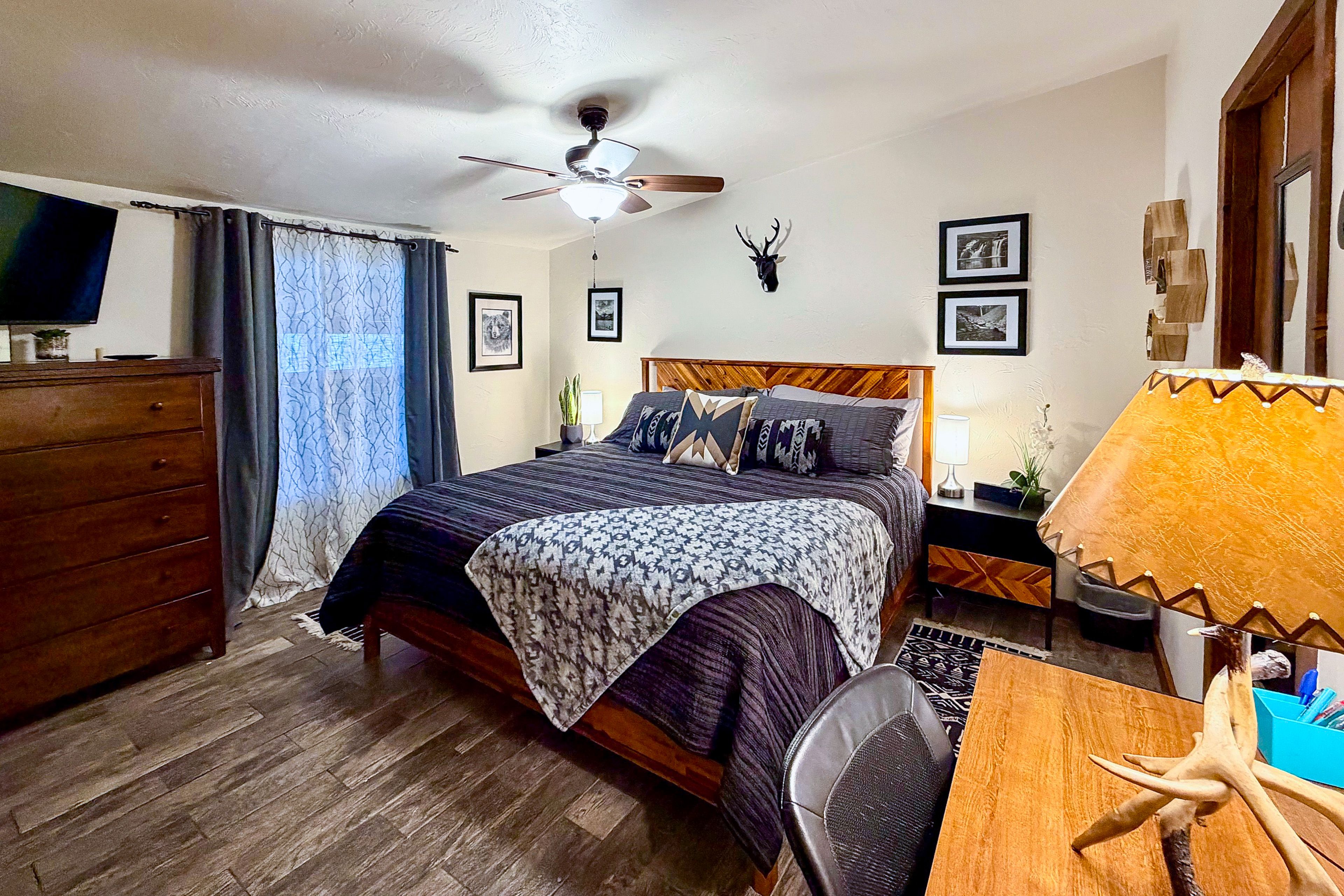 Bedroom 1 | King Bed | Laptop-Friendly Workspace | Electric Fireplace