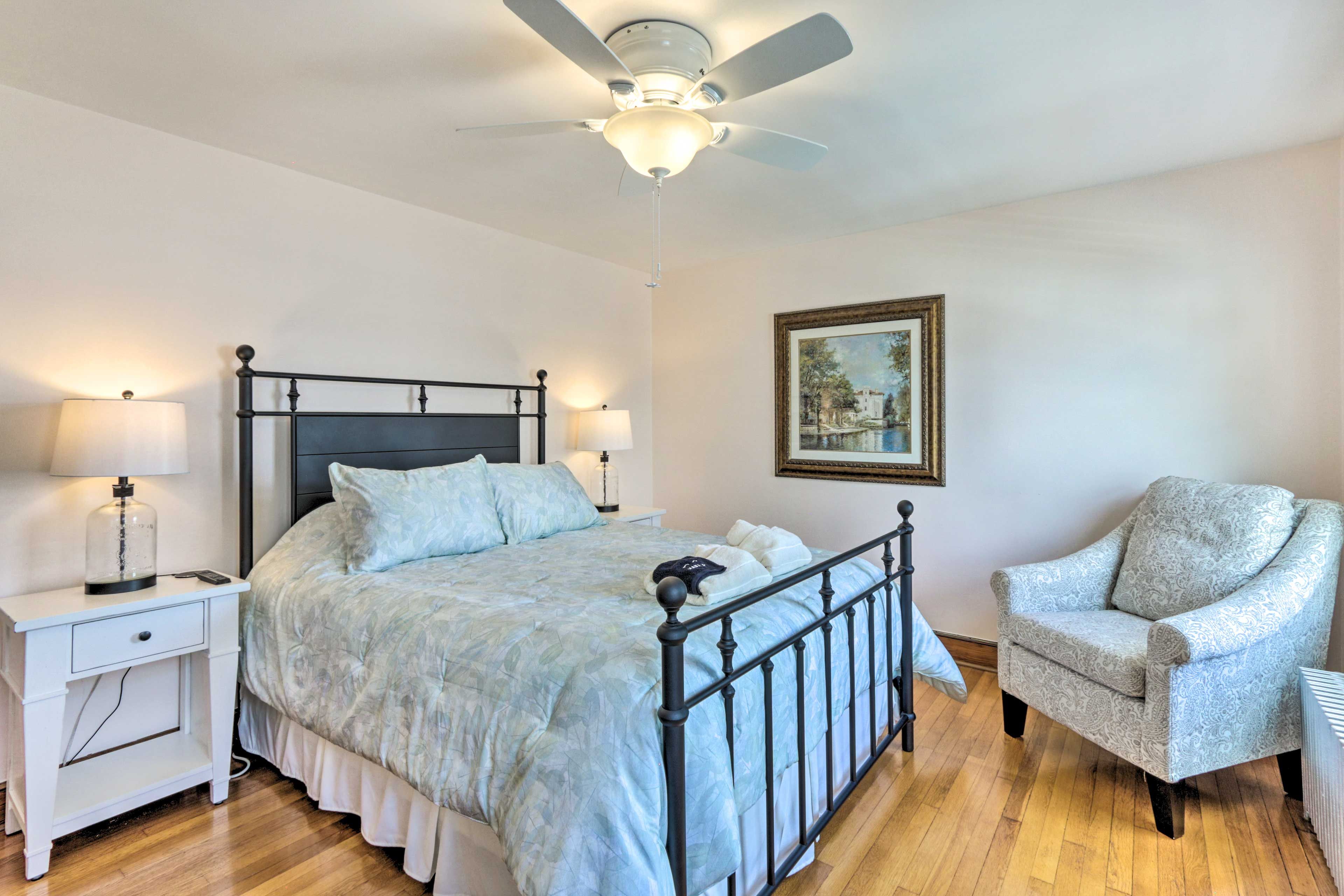 Bedroom 2 | Queen Bed | Linens Provided | Window A/C Unit | 2 Bath Robes
