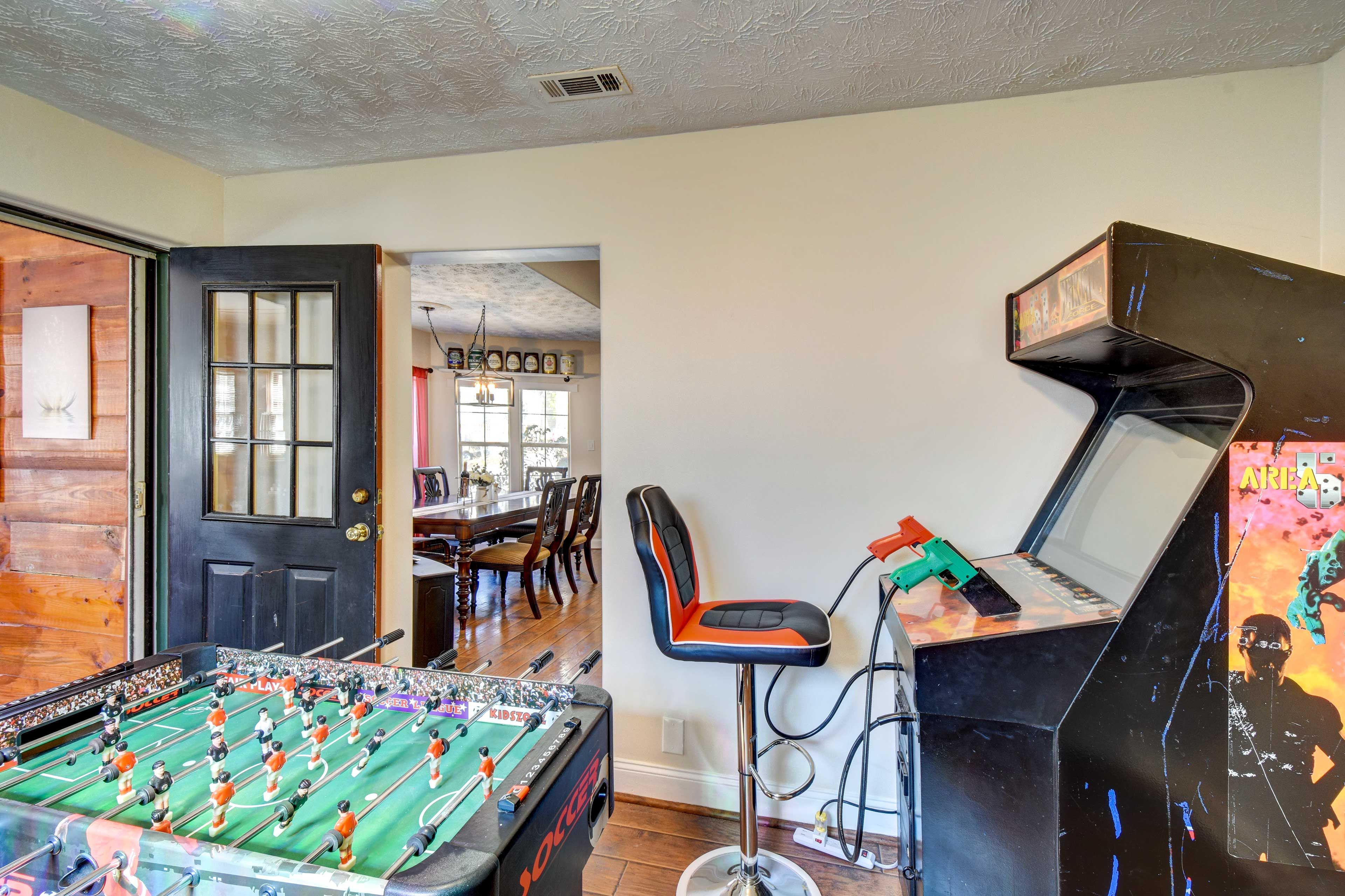 Game Room | Foosball Table | Arcade Machines | Laptop Workspace w/ Monitor