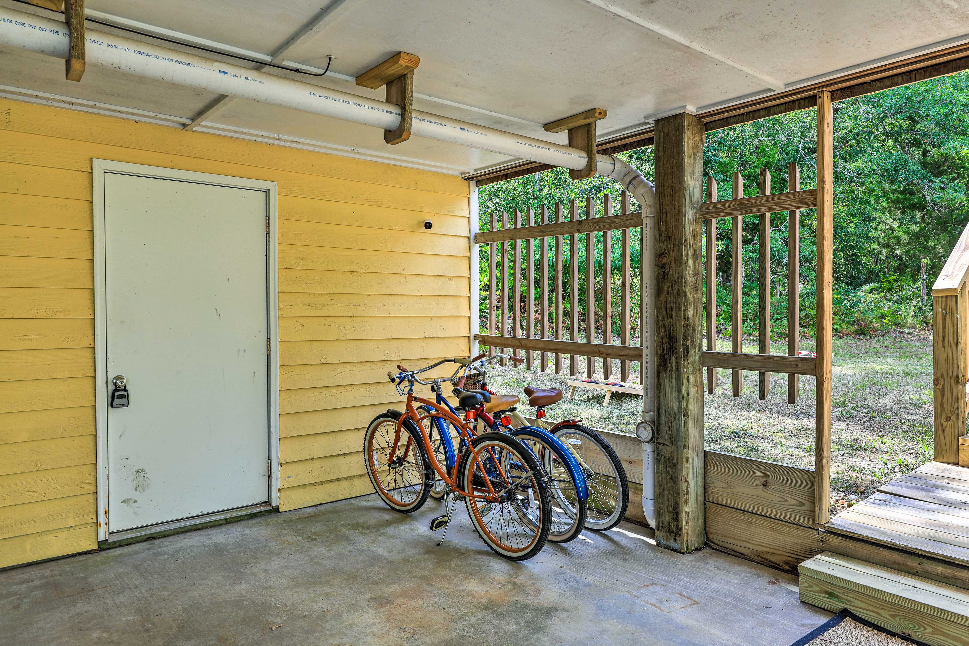 Carport | 3 Adult Beach Cruiser Bicycles | 1 Child Bicycle | 2 Hammock Chairs