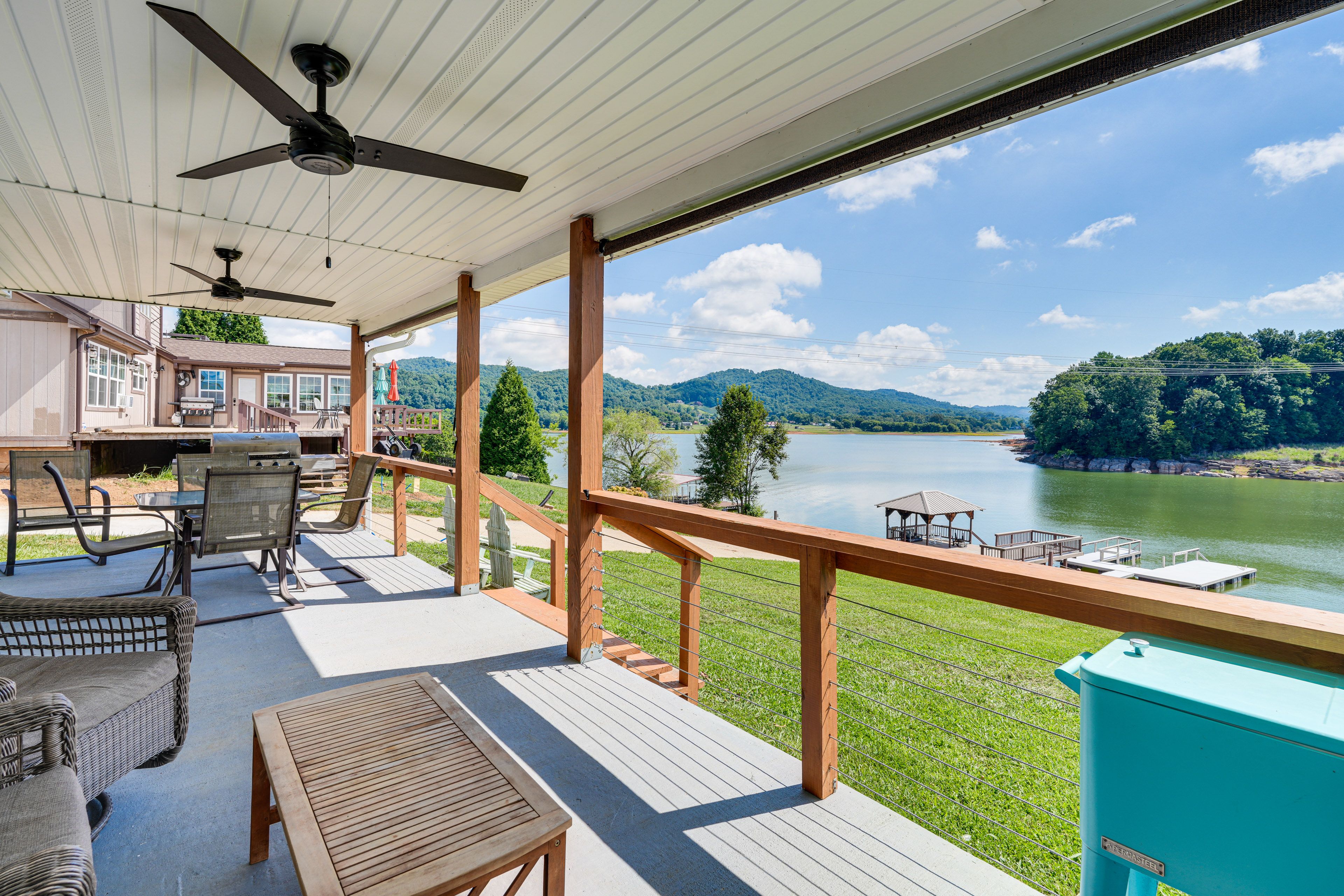 Covered Patio | Outdoor Dining | Lake Views