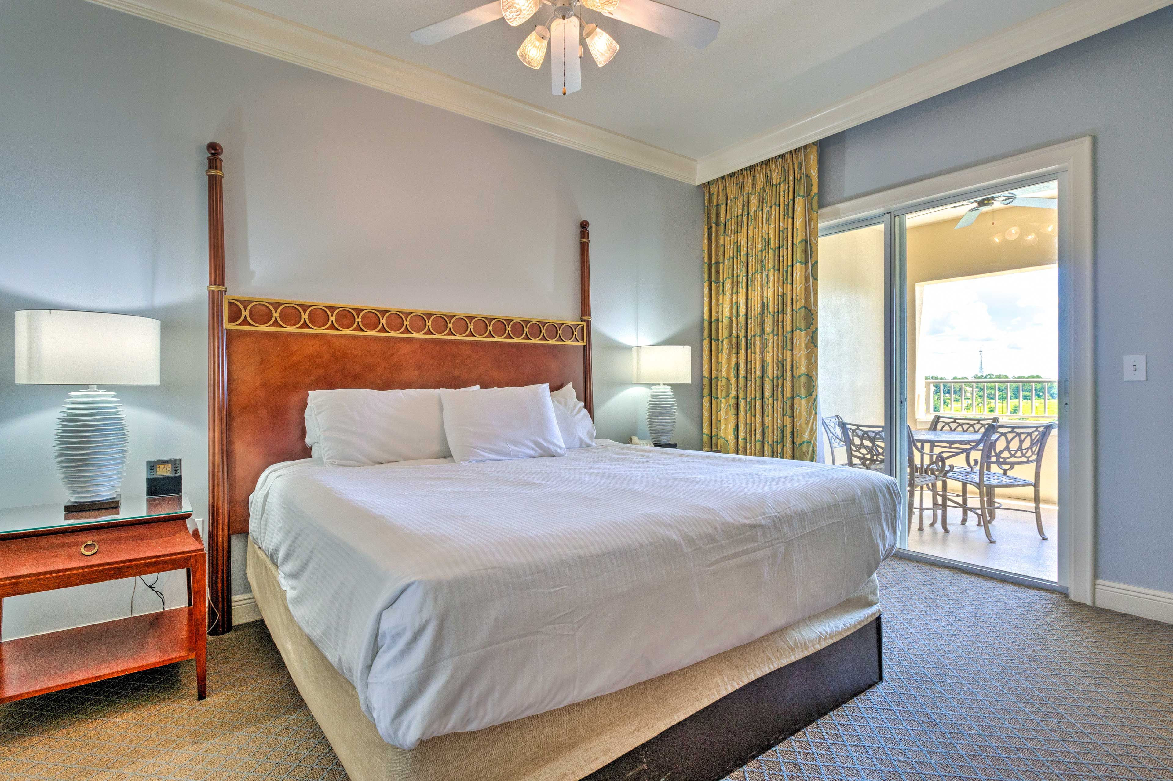 Bedroom 1 | King Bed | Smart TV w/ Cable | Balcony Access