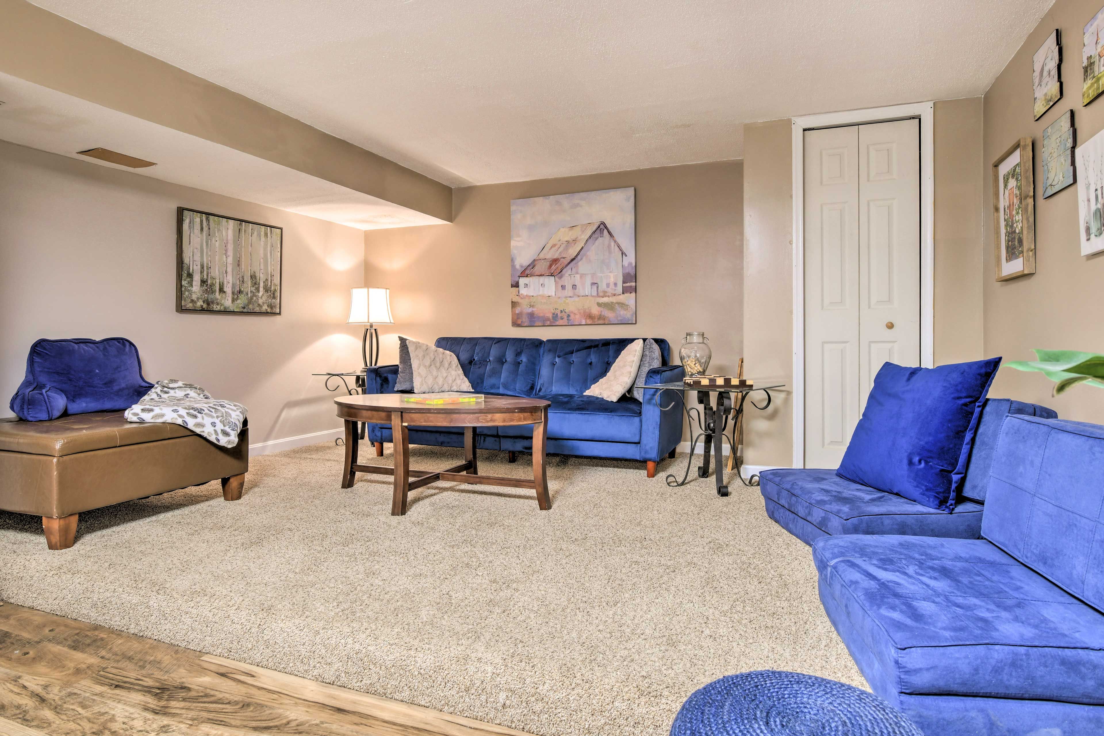 Living Room | Basement | Steps Required | Sleeper Sofa | 2 Twin Floor Beds