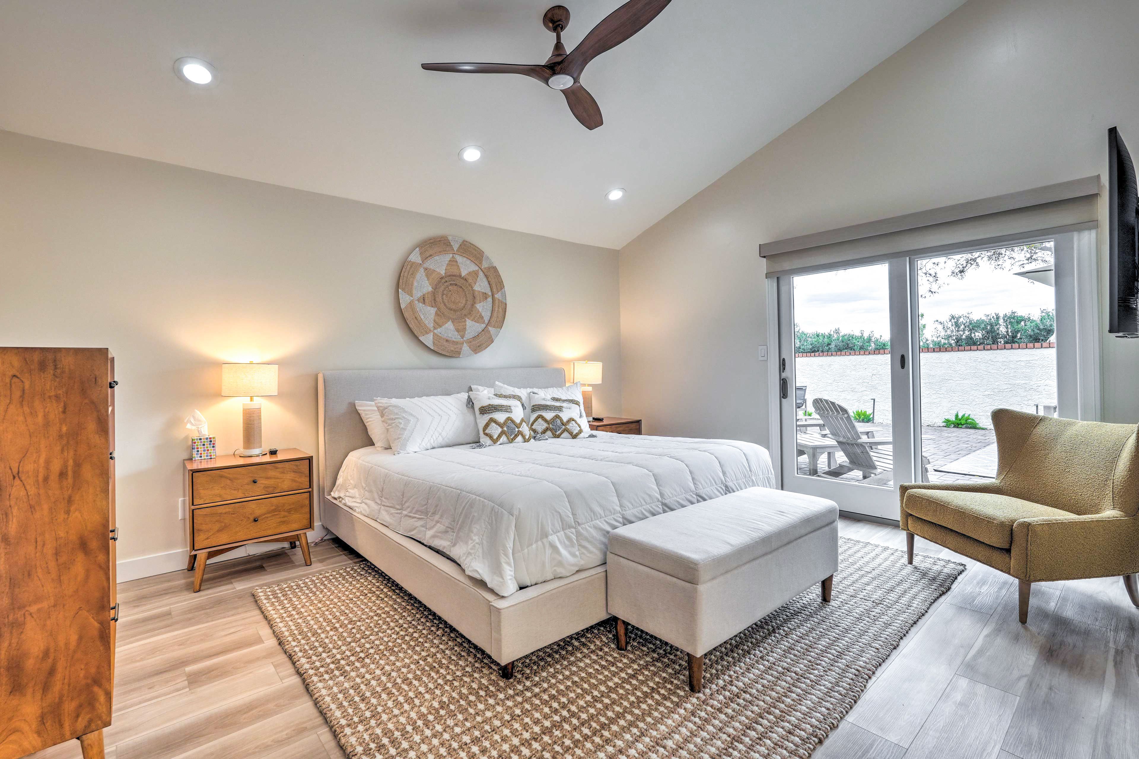 Bedroom 1 | King Bed | Smart TV w/ Cable | Patio Access | En-Suite Bathroom