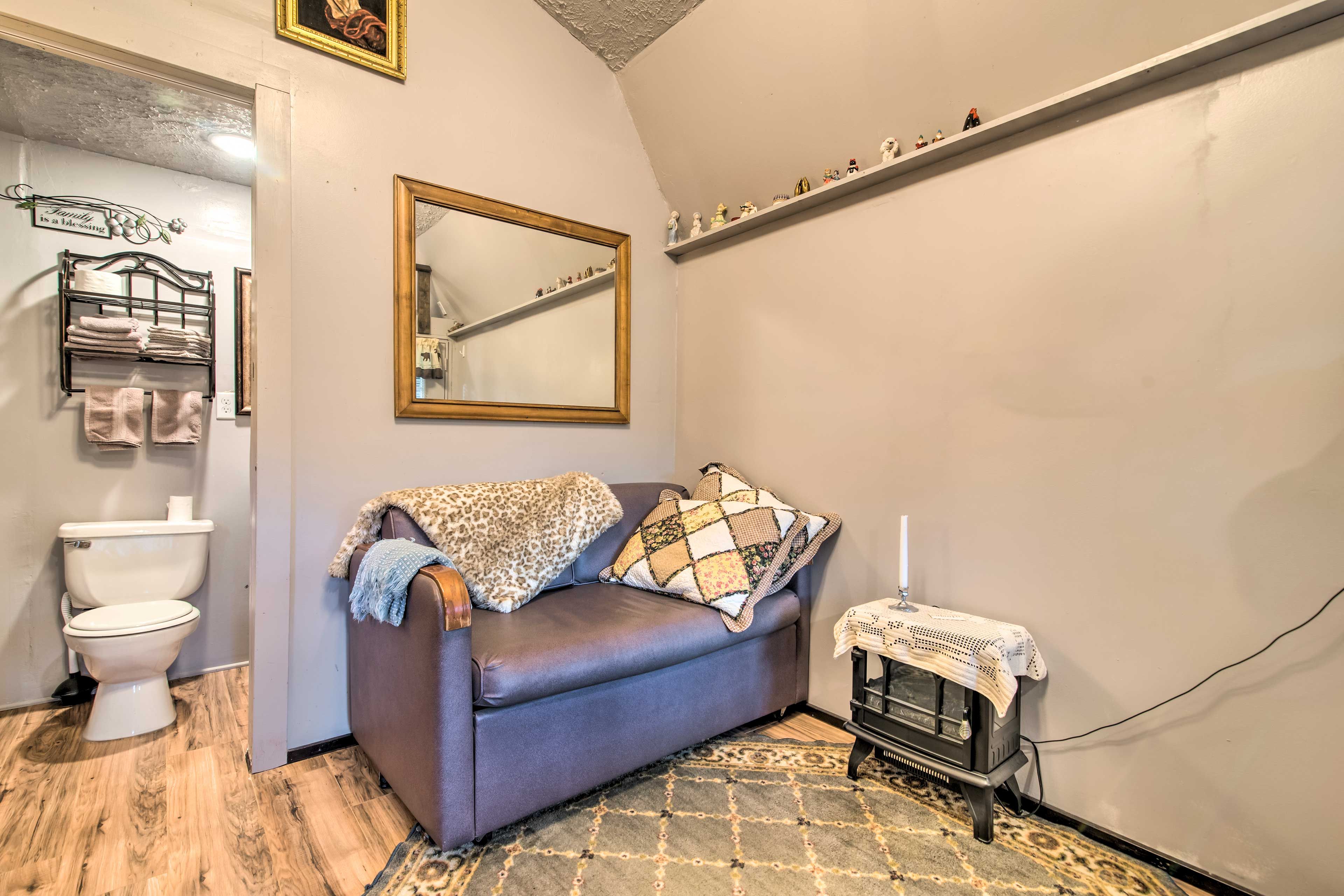 Living Area | Twin Sleeper Sofa | Electric Fireplace