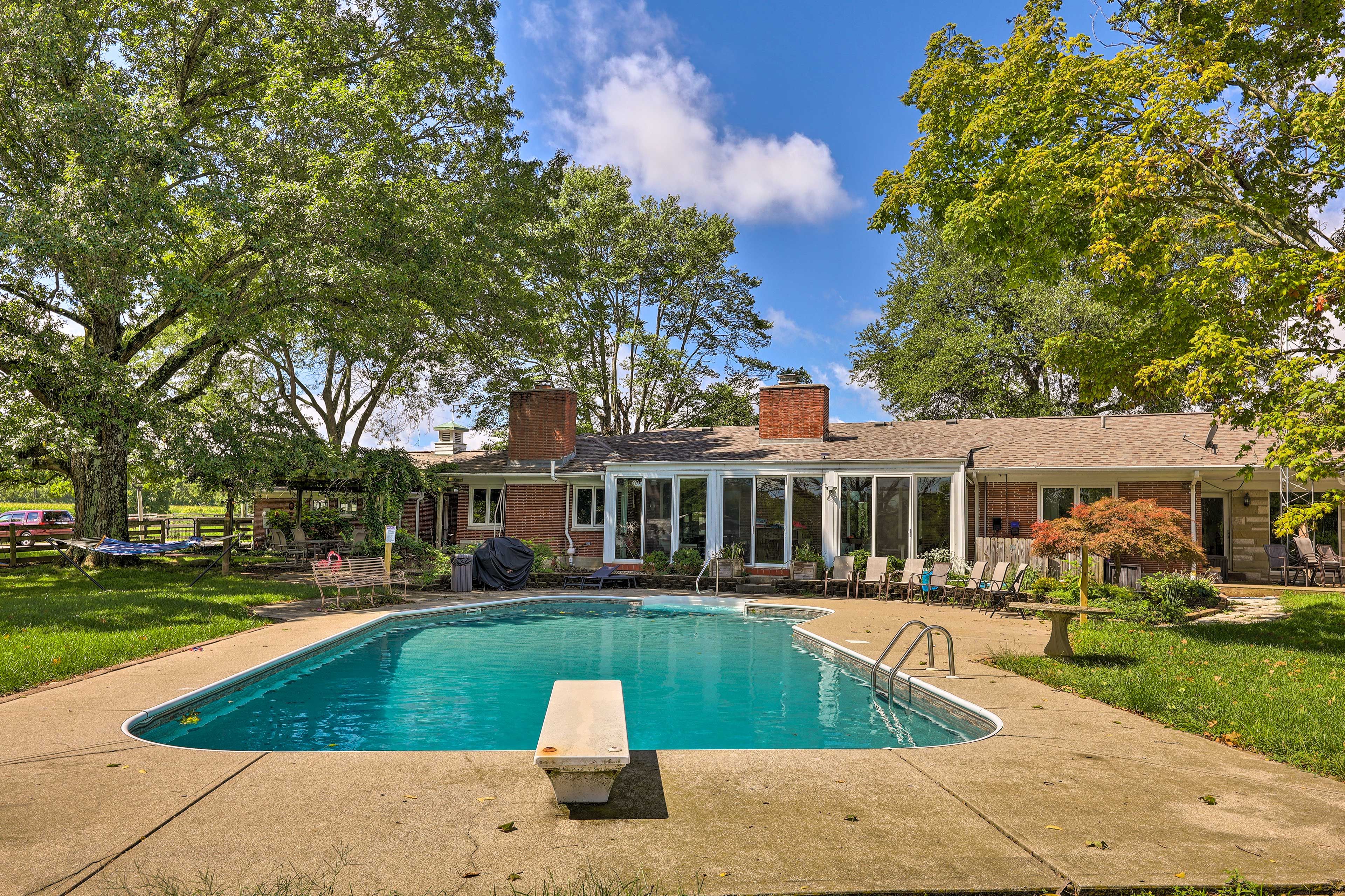 Home Exterior | Outdoor Pool w/ Diving Board (Open Memorial Day-Labor Day)