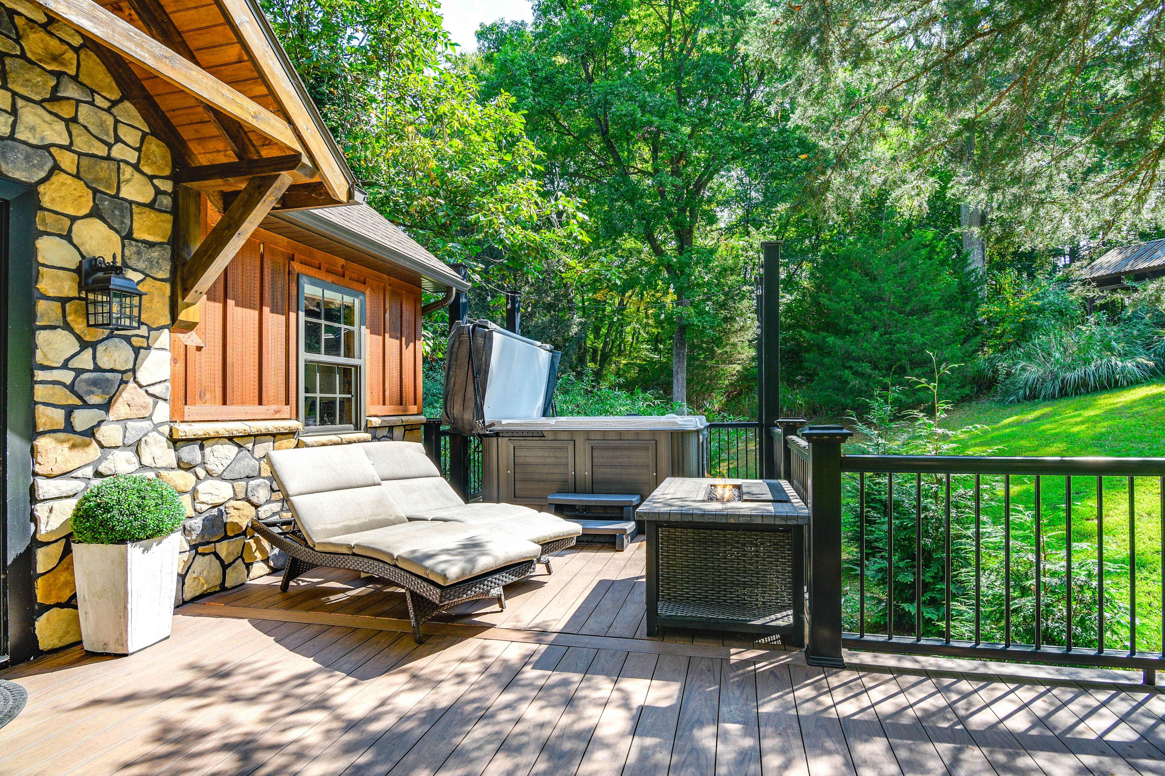 Cabin Exterior | Furnished Deck | Gas Fire Pit | Private Hot Tub