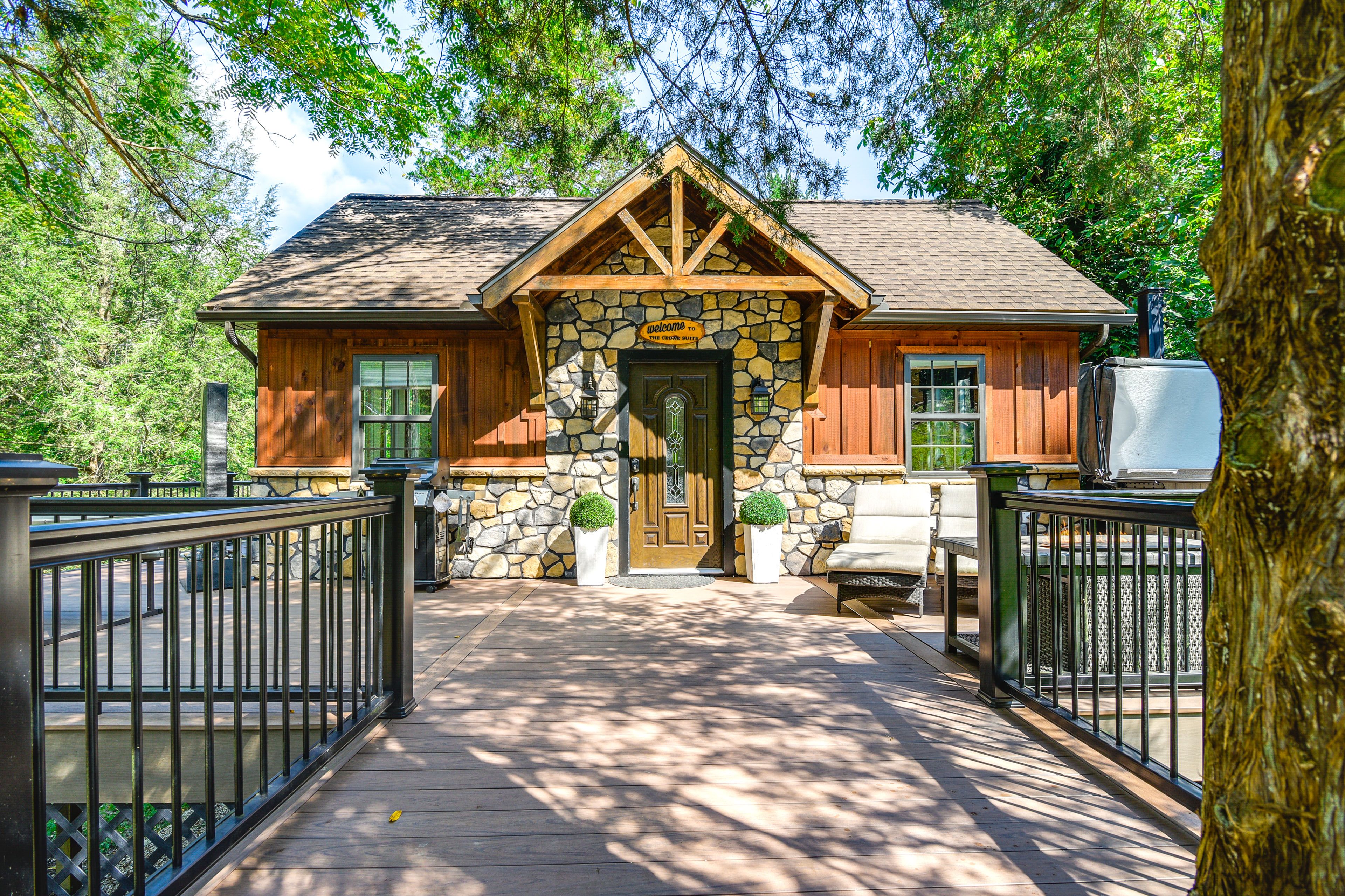 Cabin Exterior | Lounge Chairs | Gas Fire Pit | Private Hot Tub