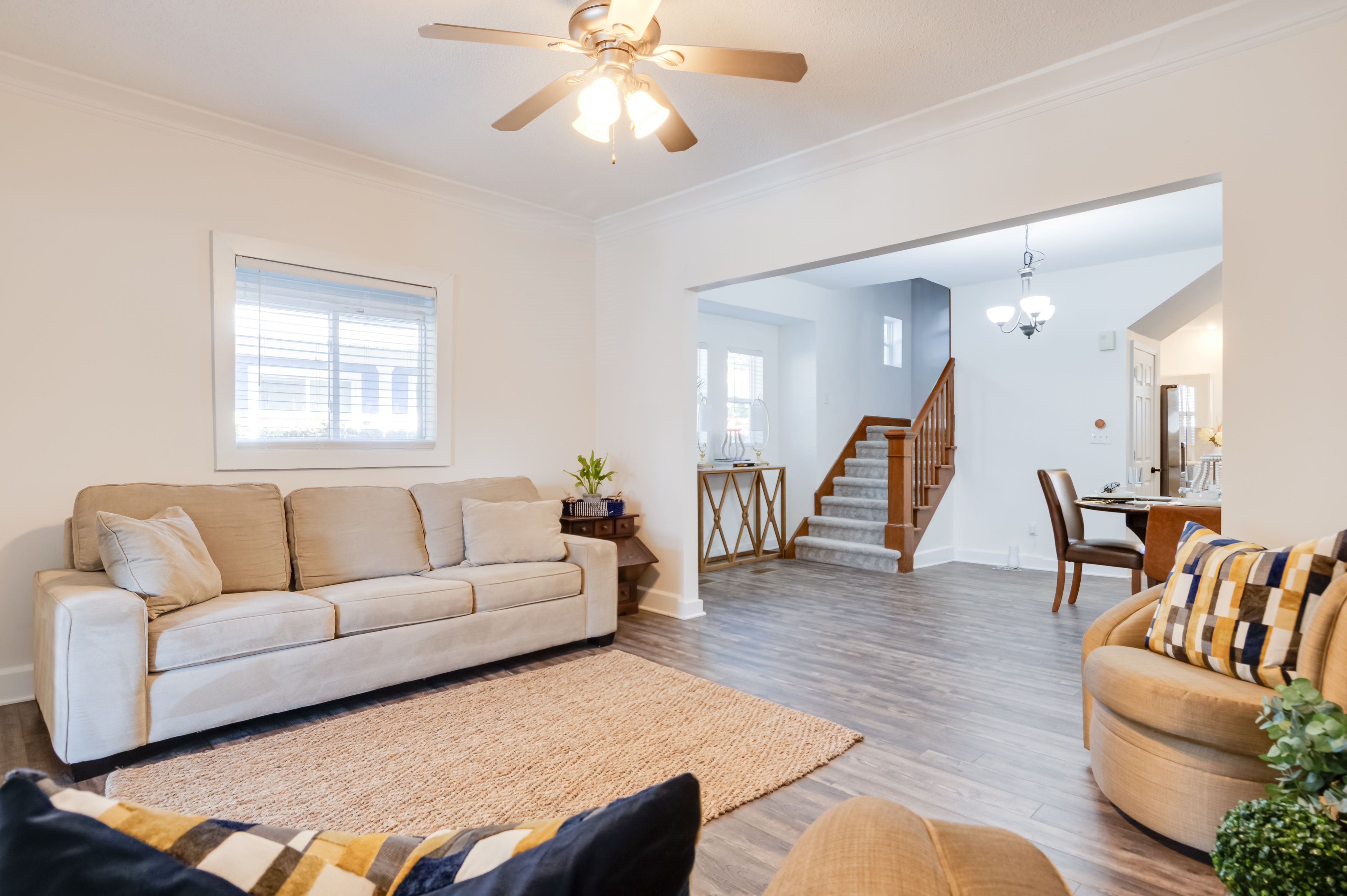Living Room | Central A/C + Heating | Electric Fireplace | 2-Story Home