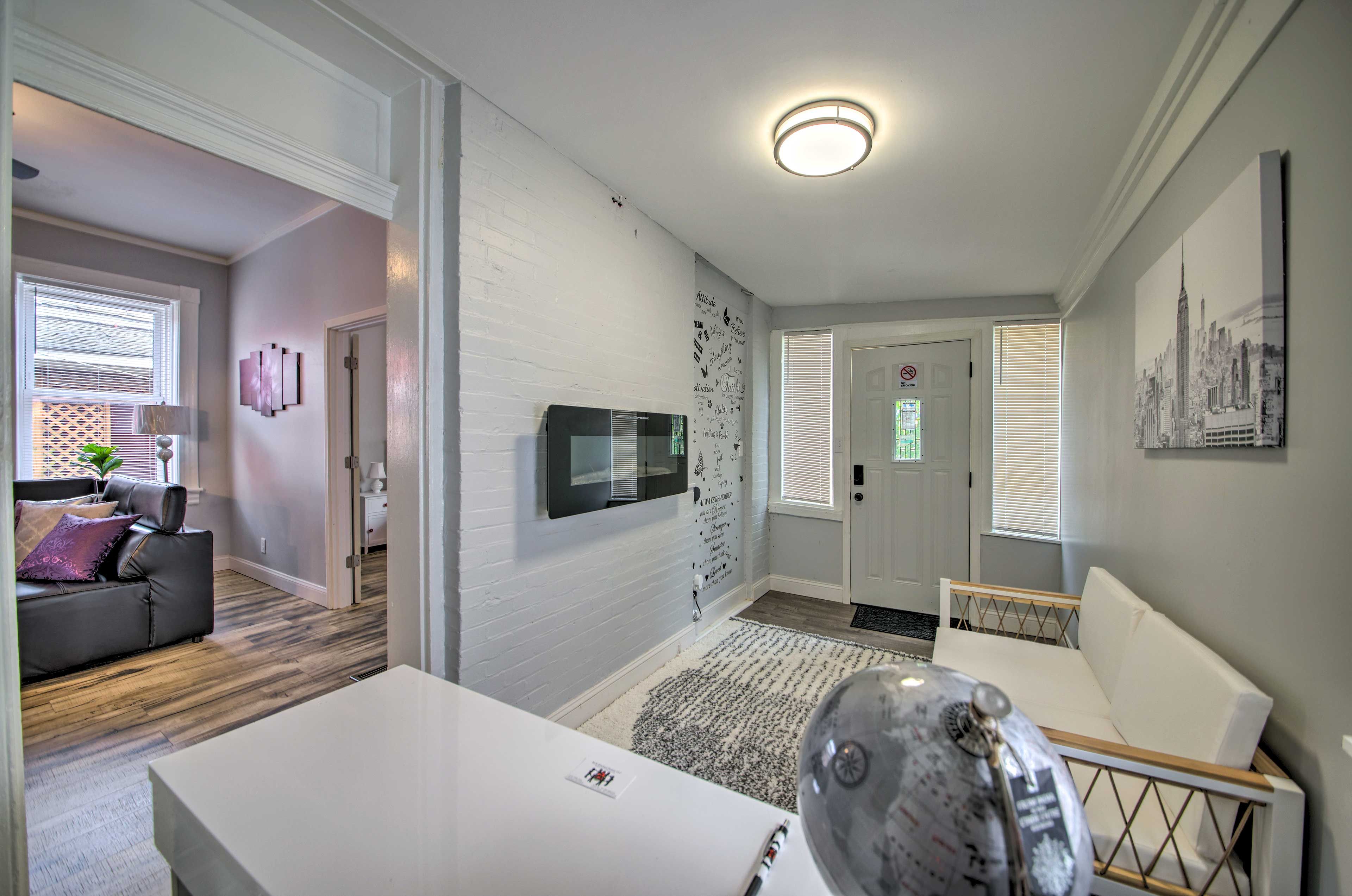 Foyer | Electric Fireplace | Laptop-Friendly Desk