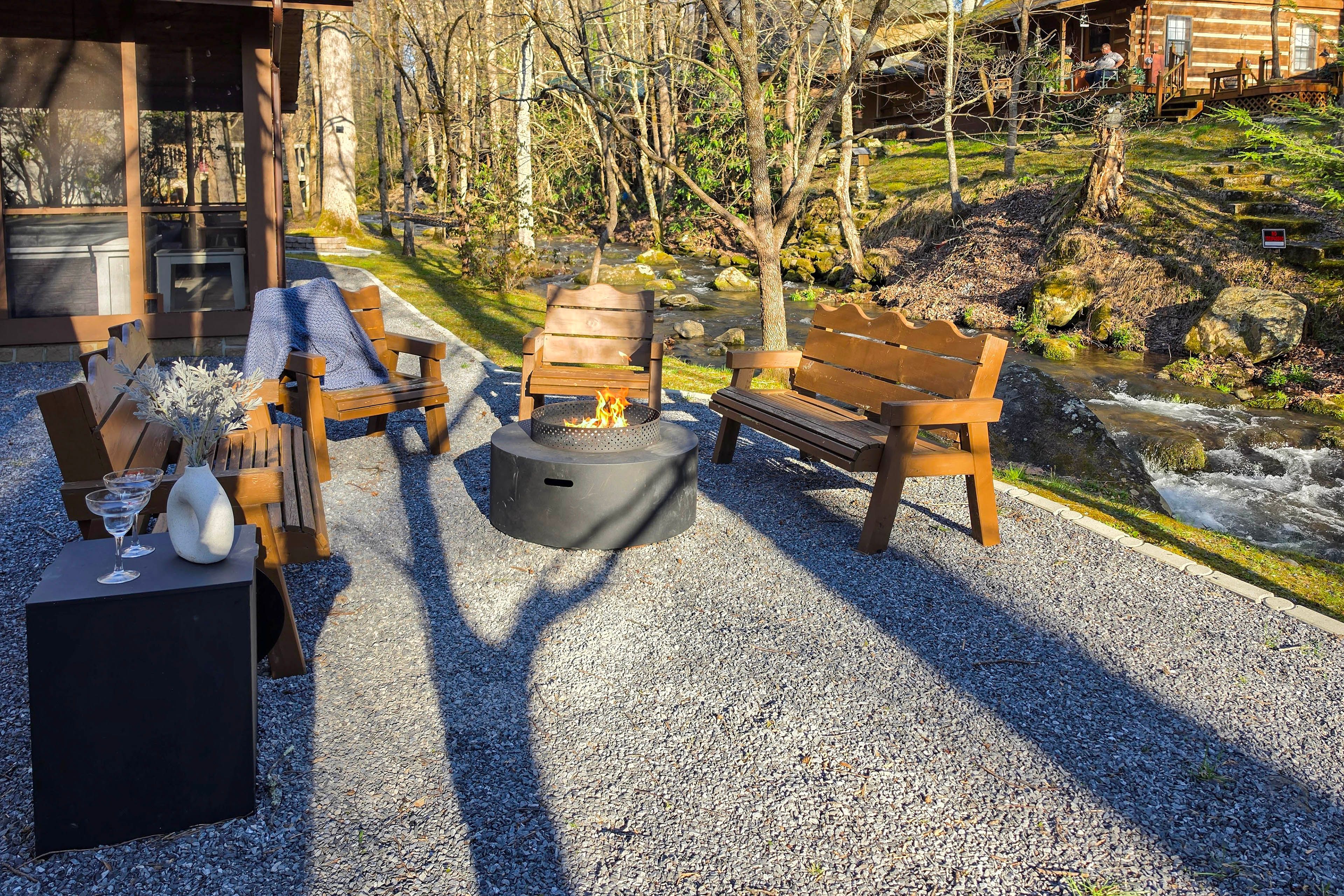 Exterior | Wood-Burning Fire Pit | Gas Grill | On-Site Creek