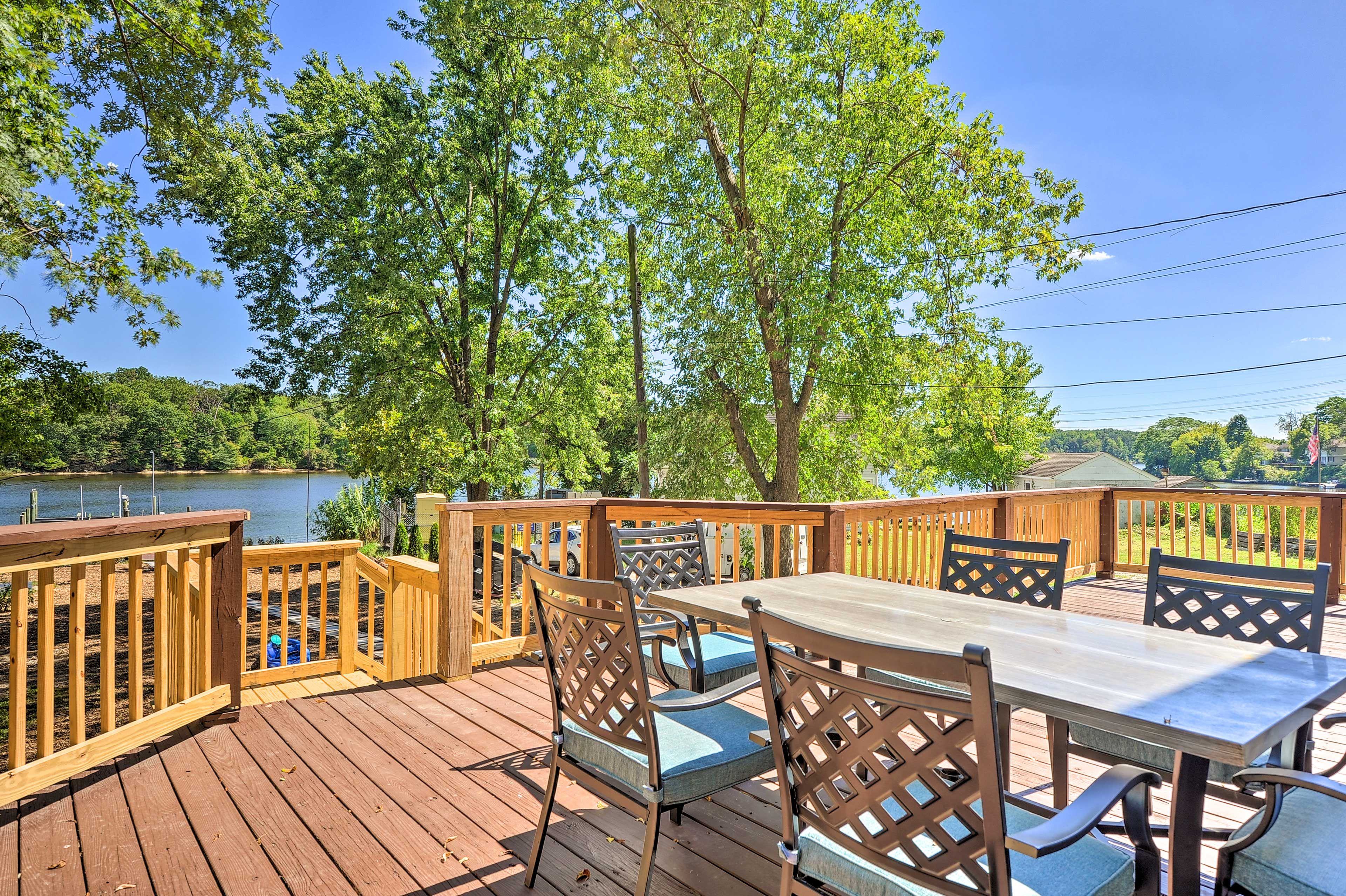 Private Deck | Outdoor Dining Area | Shared Fishing Pier