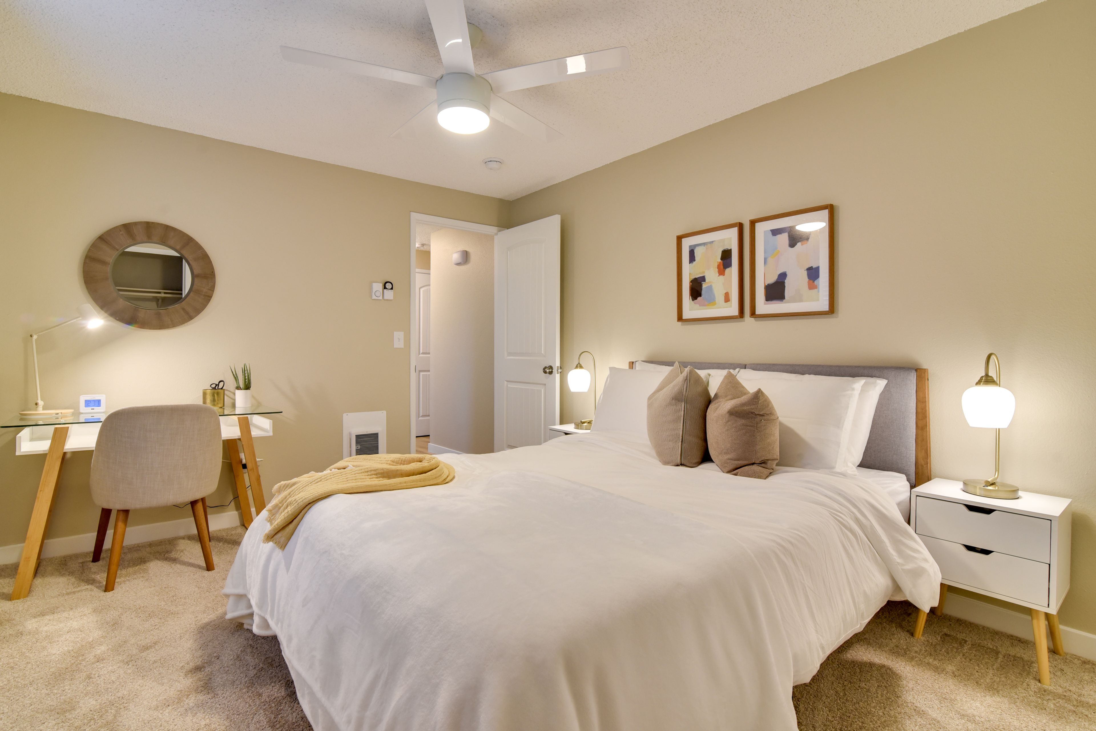 Bedroom 1 | Queen Bed | Linens Provided | Laptop-Friendly Desk