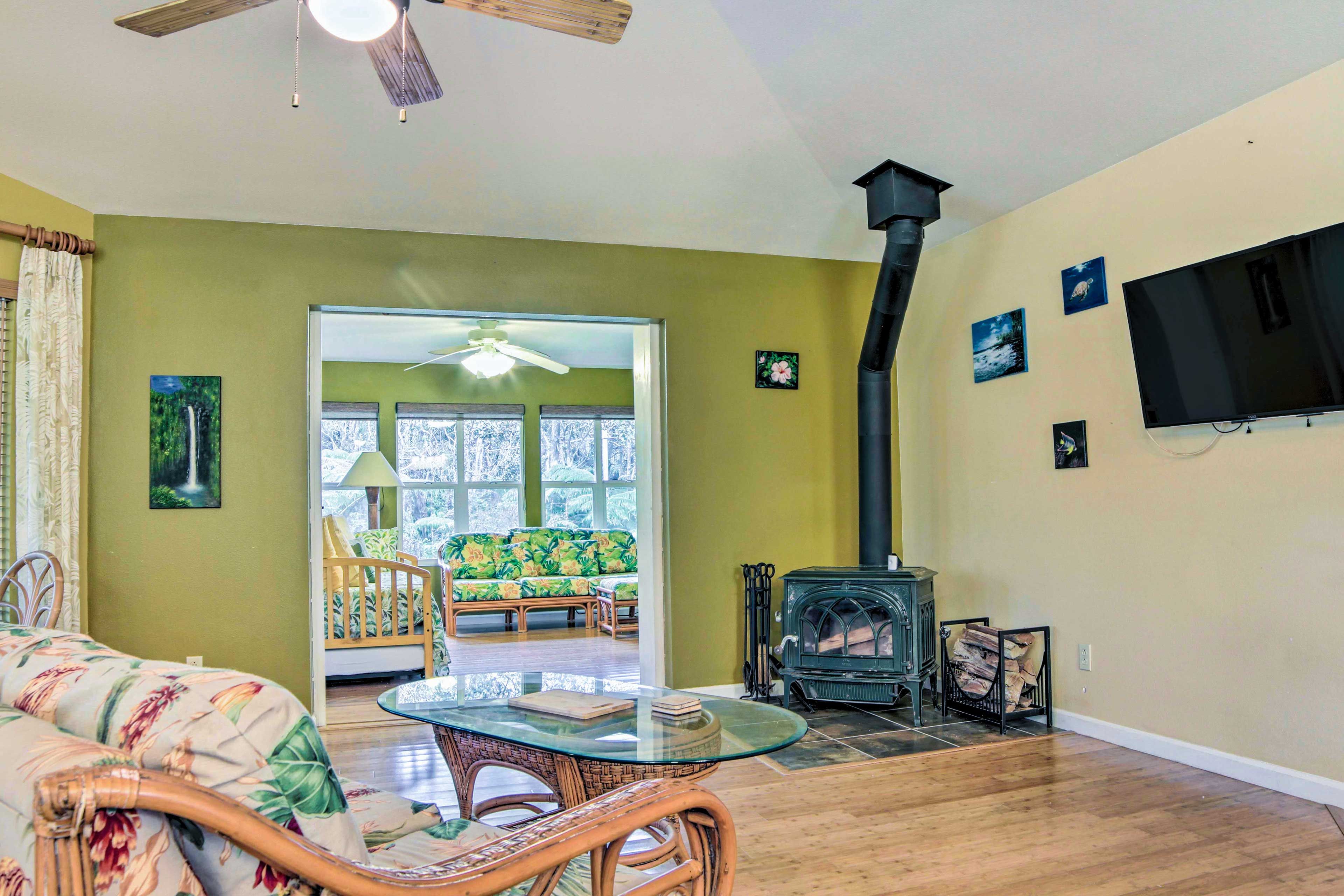 Living Room | Smart TV | Wood-Burning Stove | Ceiling Fans