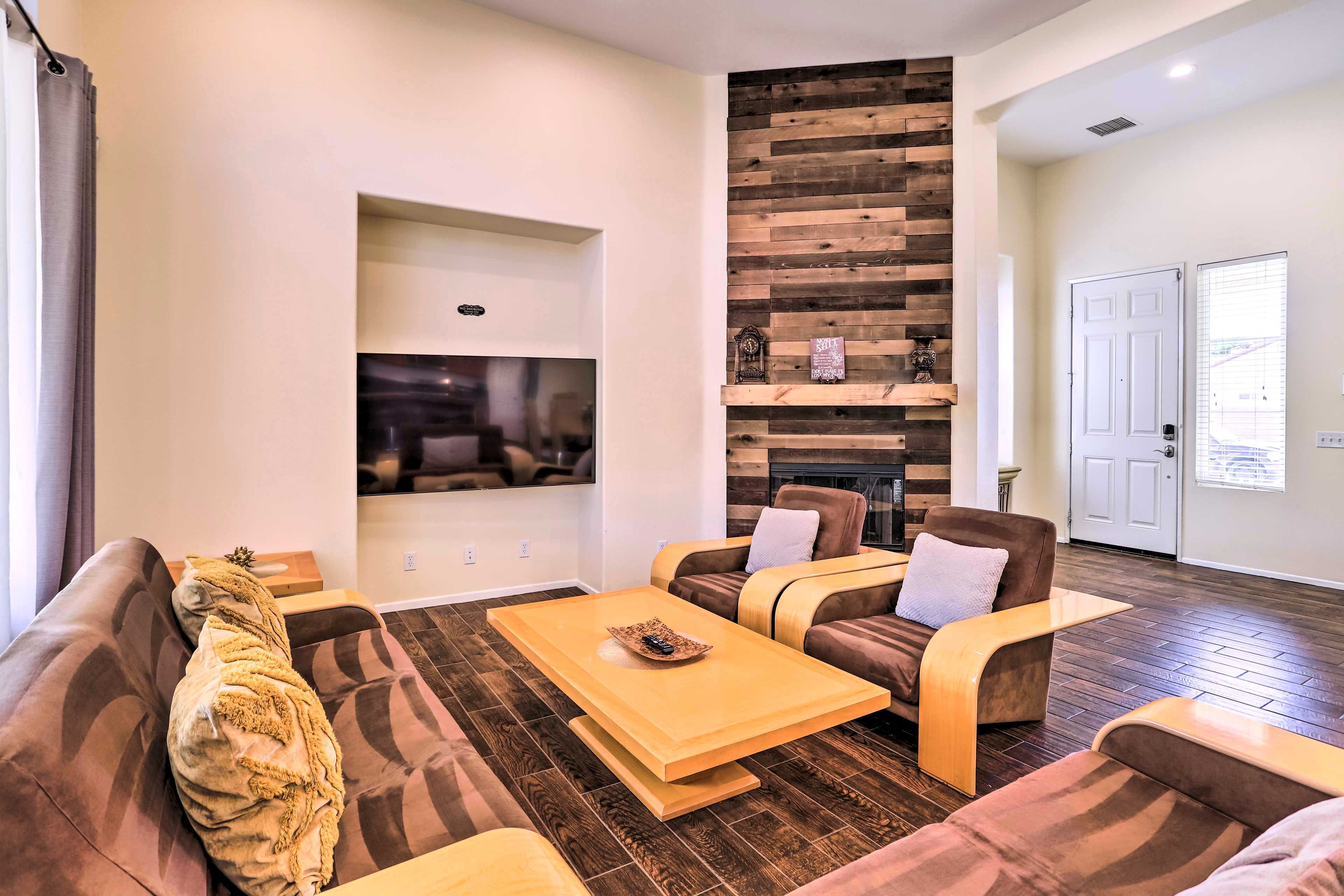 Living Room | Wood-Burning Fireplace | 60" Smart TV w/ Roku