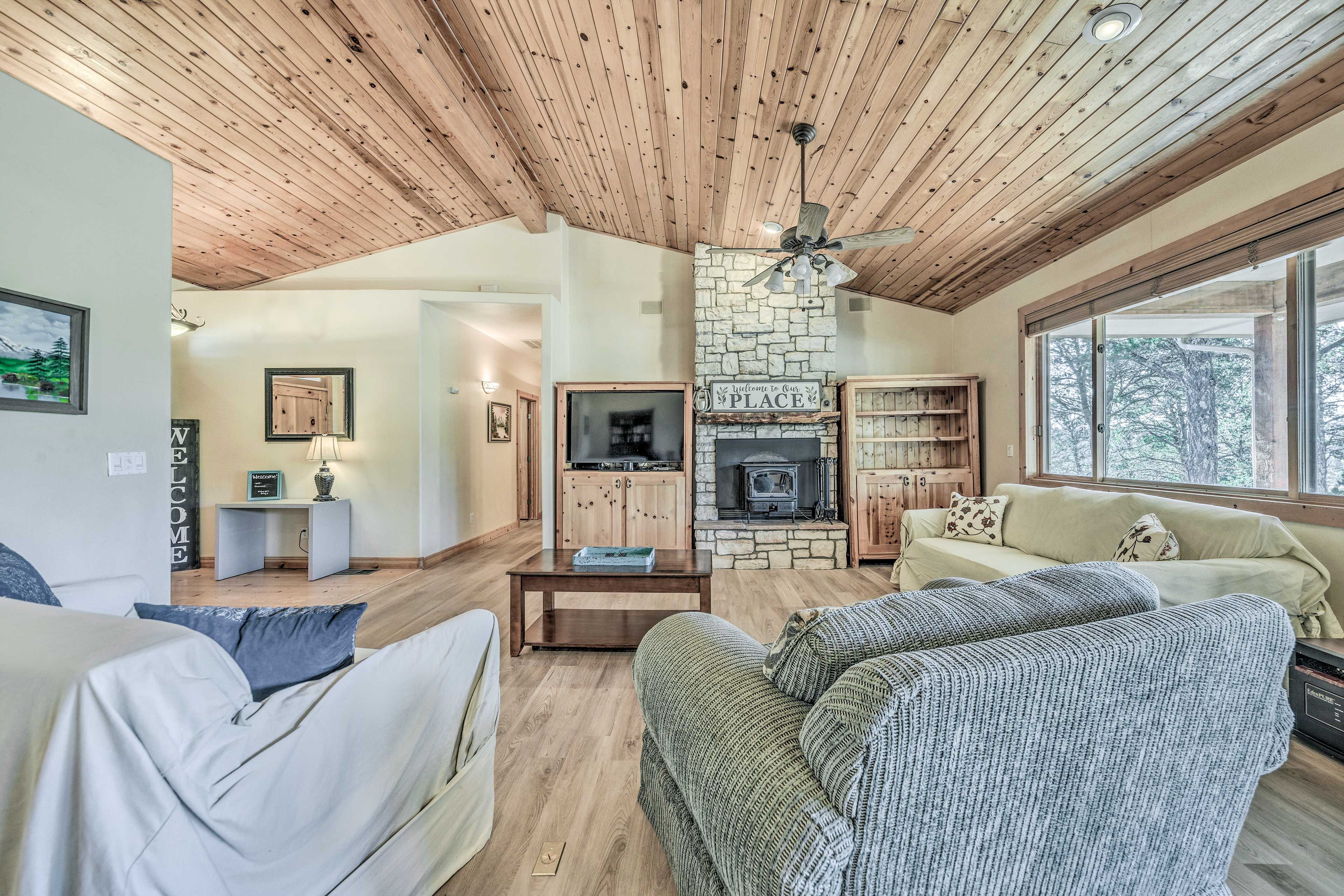 Living Room | Wood-Burning Stove | Smart TV w/ Dish | 2 Queen Sleeper Sofas