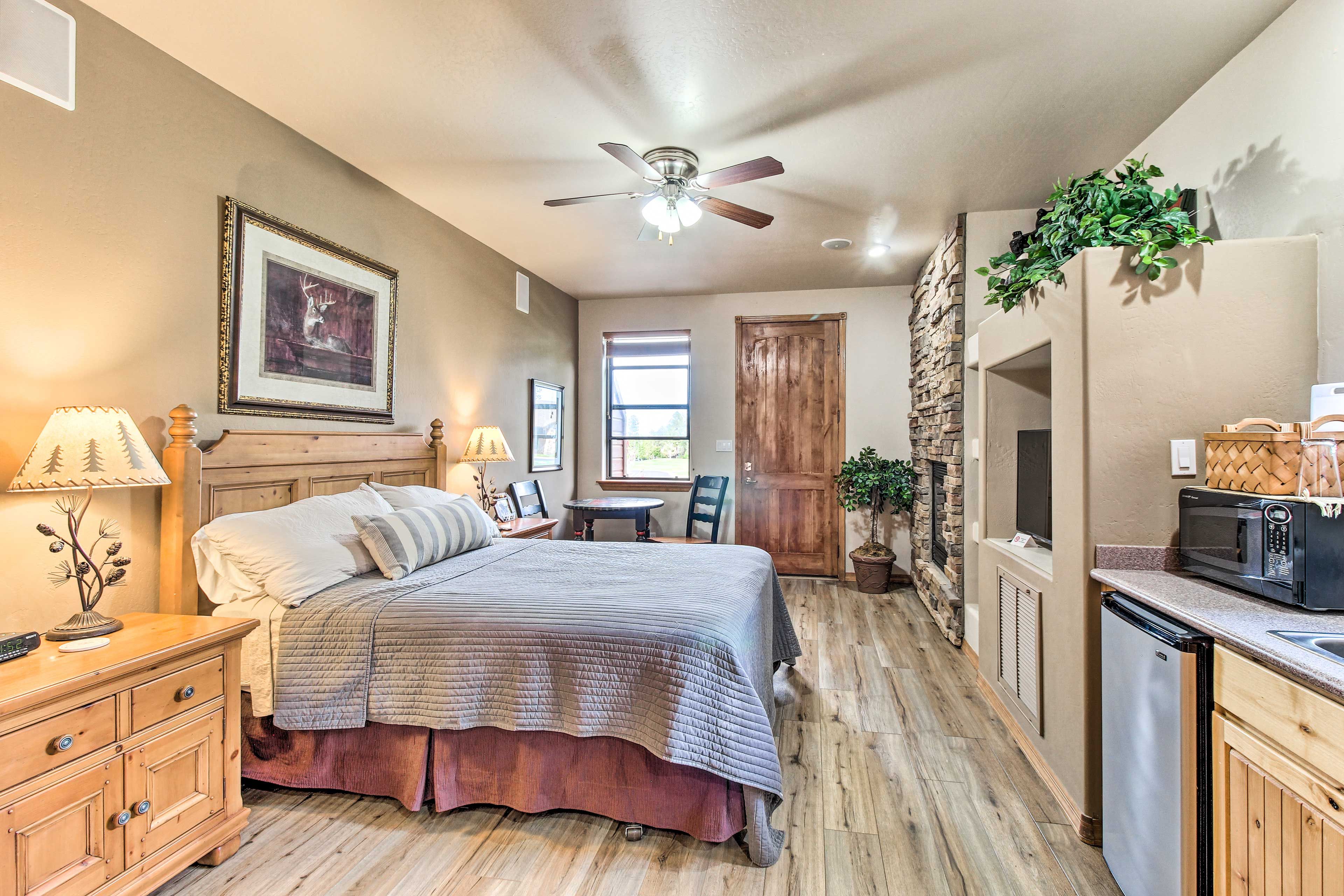 Bedroom 2 (Suite) | Queen Bed | Kitchenette | Gas Fireplace | Private Patio