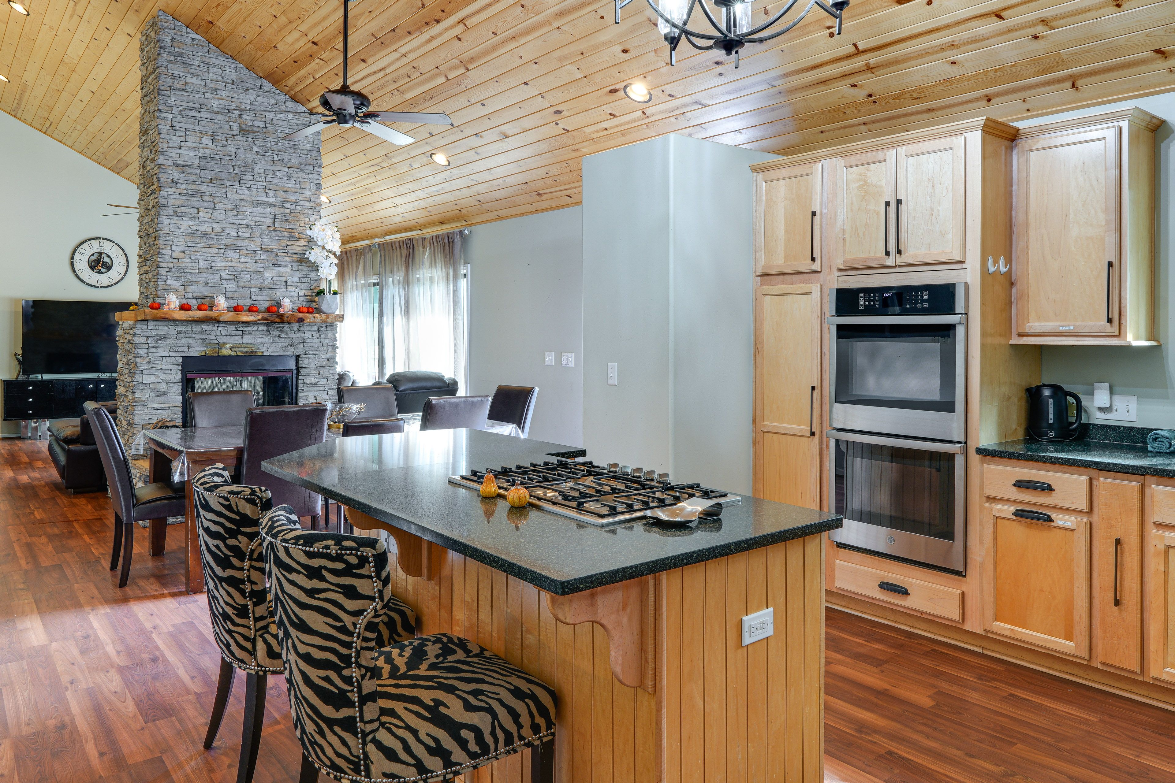 Kitchen | Cooking Basics Supplied | Open Interior | Stone Fireplace