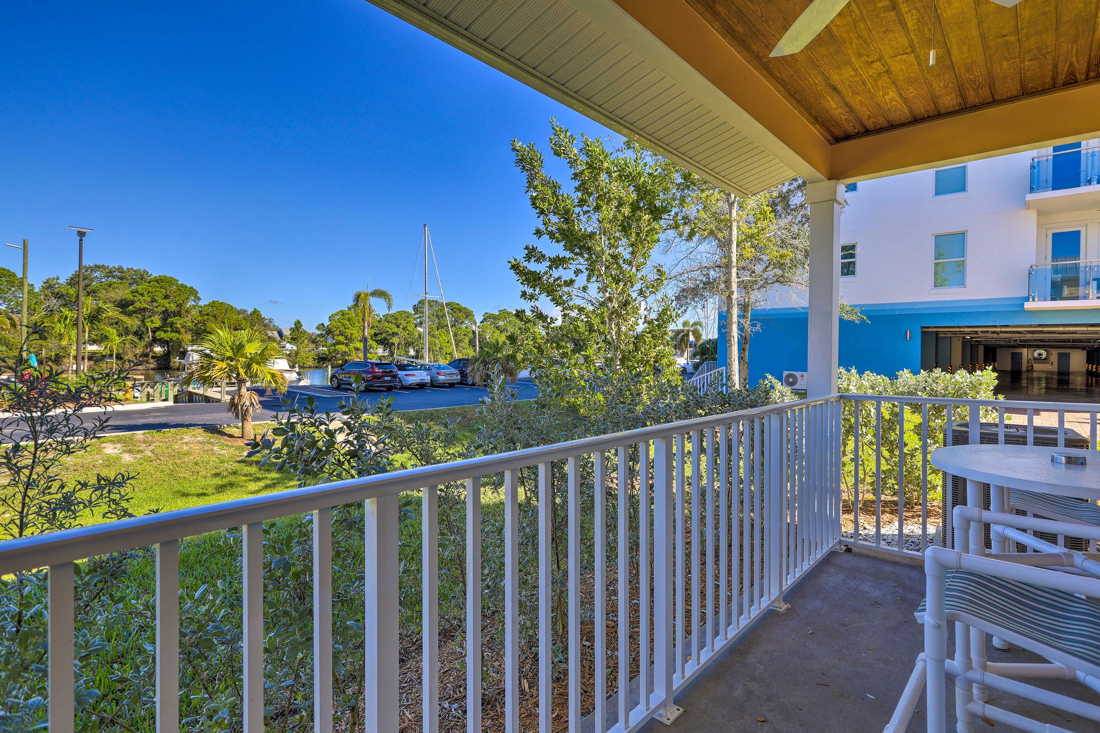 Covered Patio | View of Marina | Sitting Area