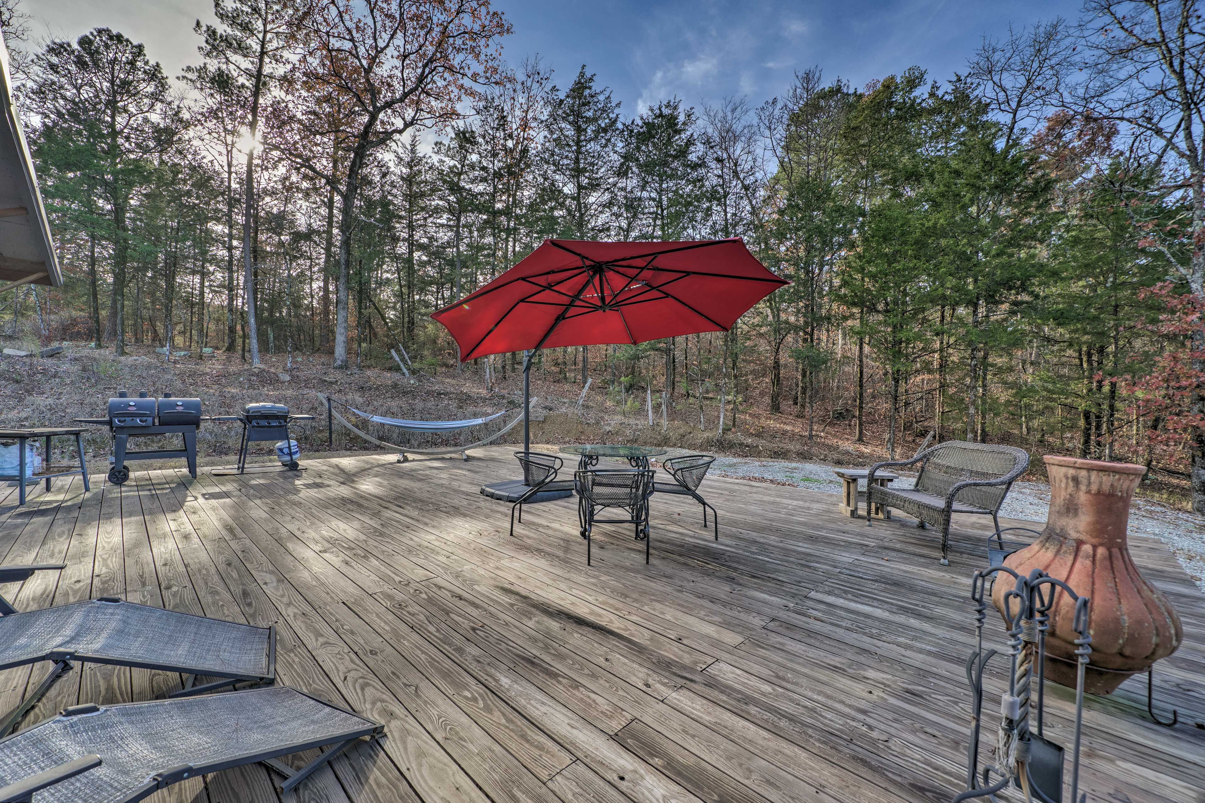 Deck | Charcoal Grill | Gas Grill | Dining Table | Lounge Chairs | Hammock