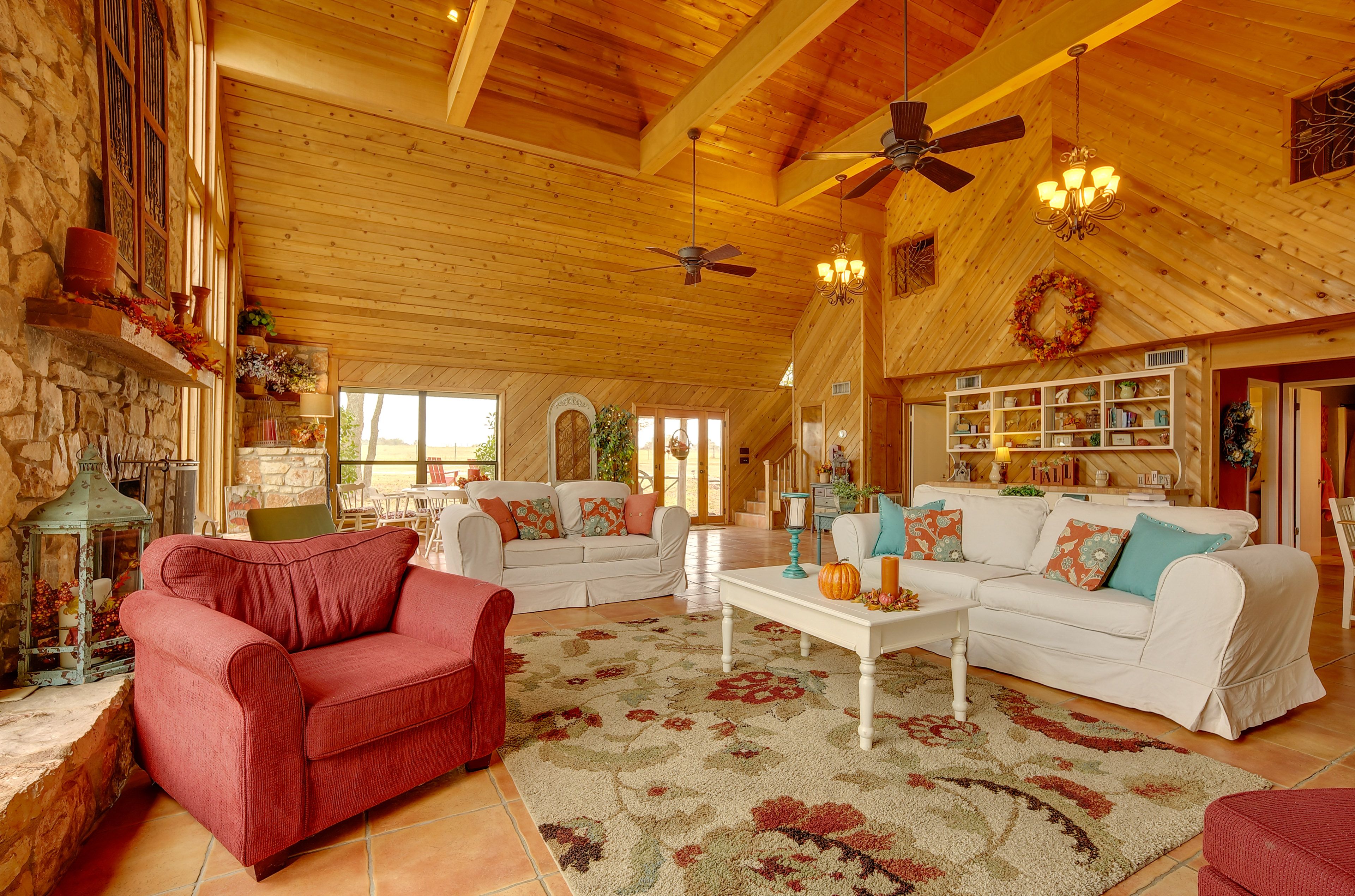 Living Room | 30' Wood-Burning Stone Fireplace | 2 Flat-Screen TVs | Central A/C