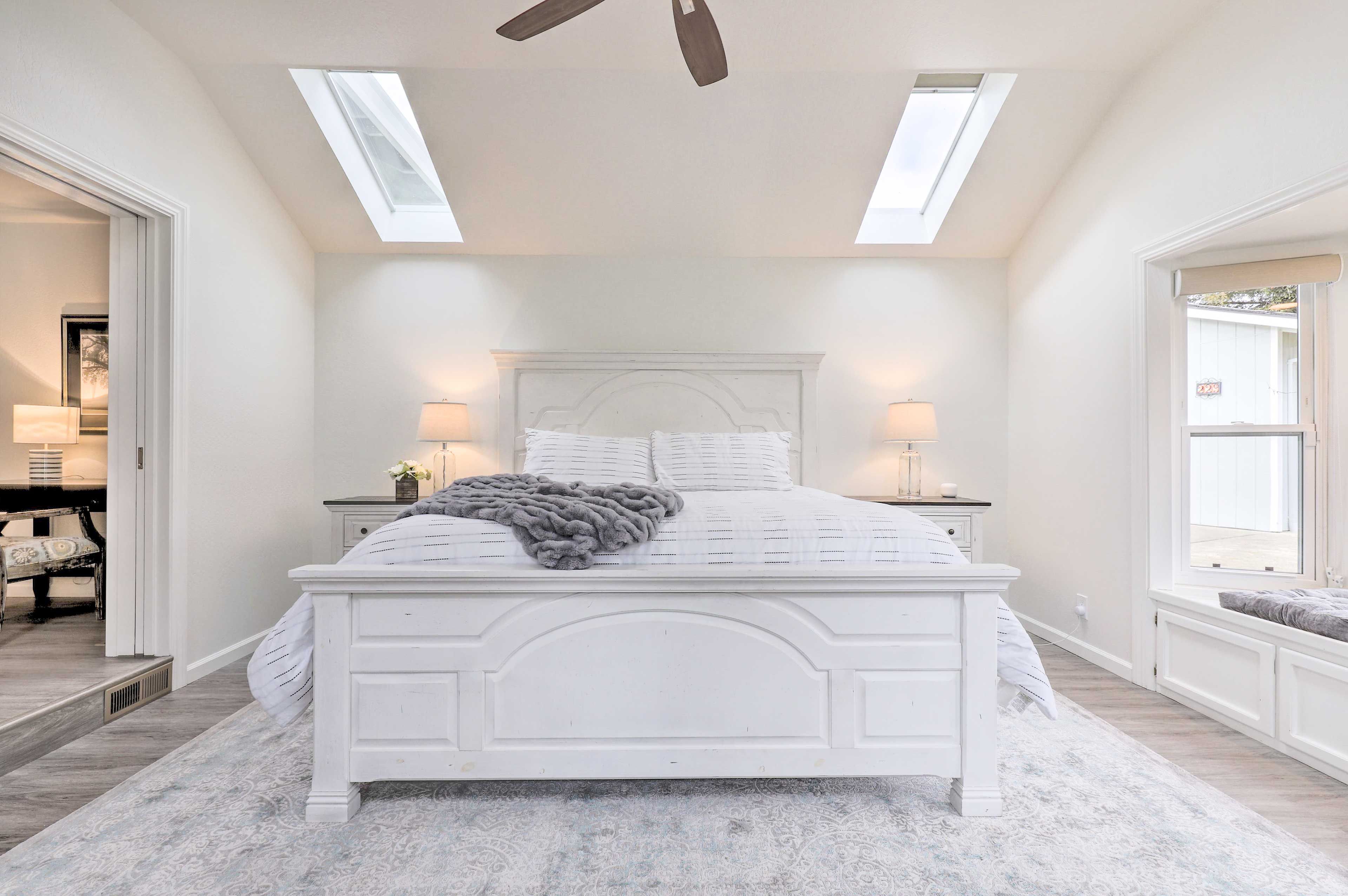 Bedroom 1 | King Bed & Queen Sleeper Sofa | Hangers | Patio Access