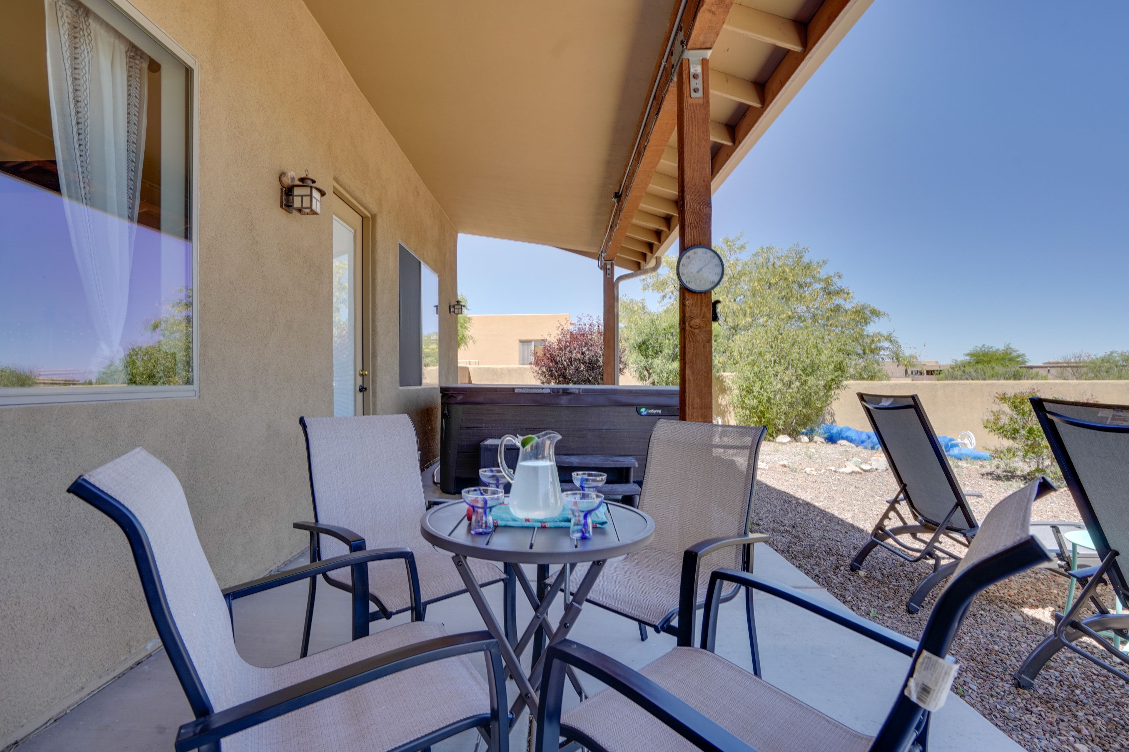 Covered Patio | Gas Grill | 7-Person Salt Spring Hot Tub | Bar