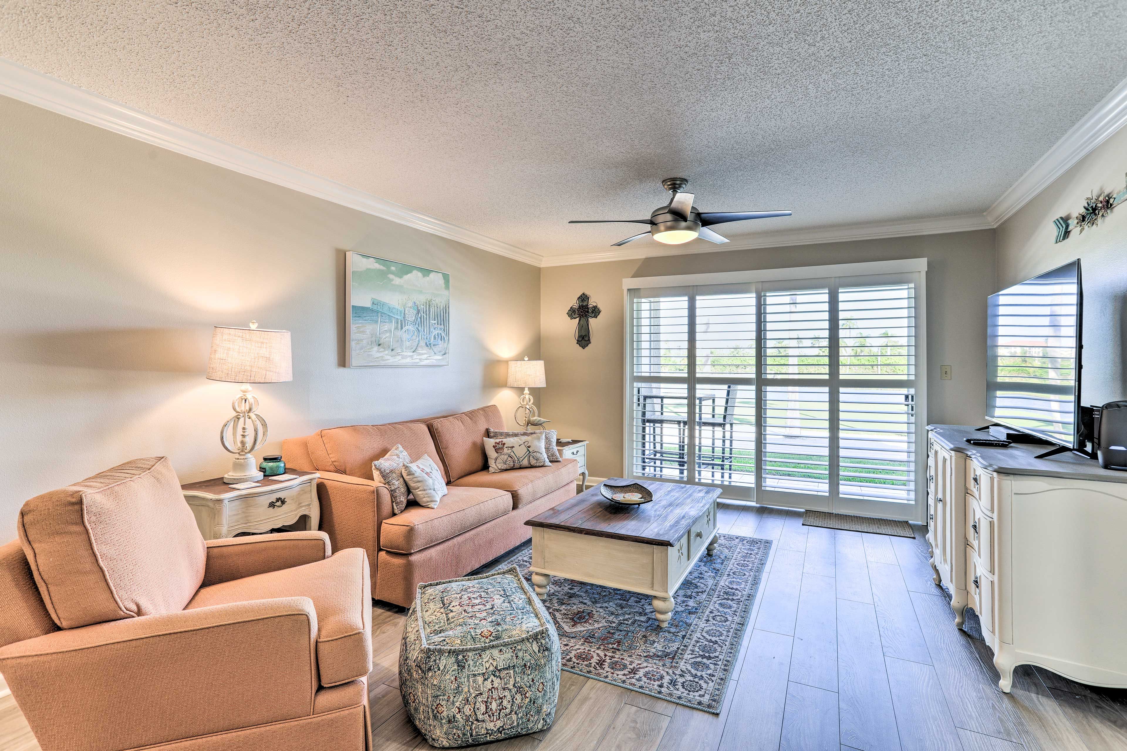 Living Room | 1st-Floor Condo | Smart TV in Each Bedroom