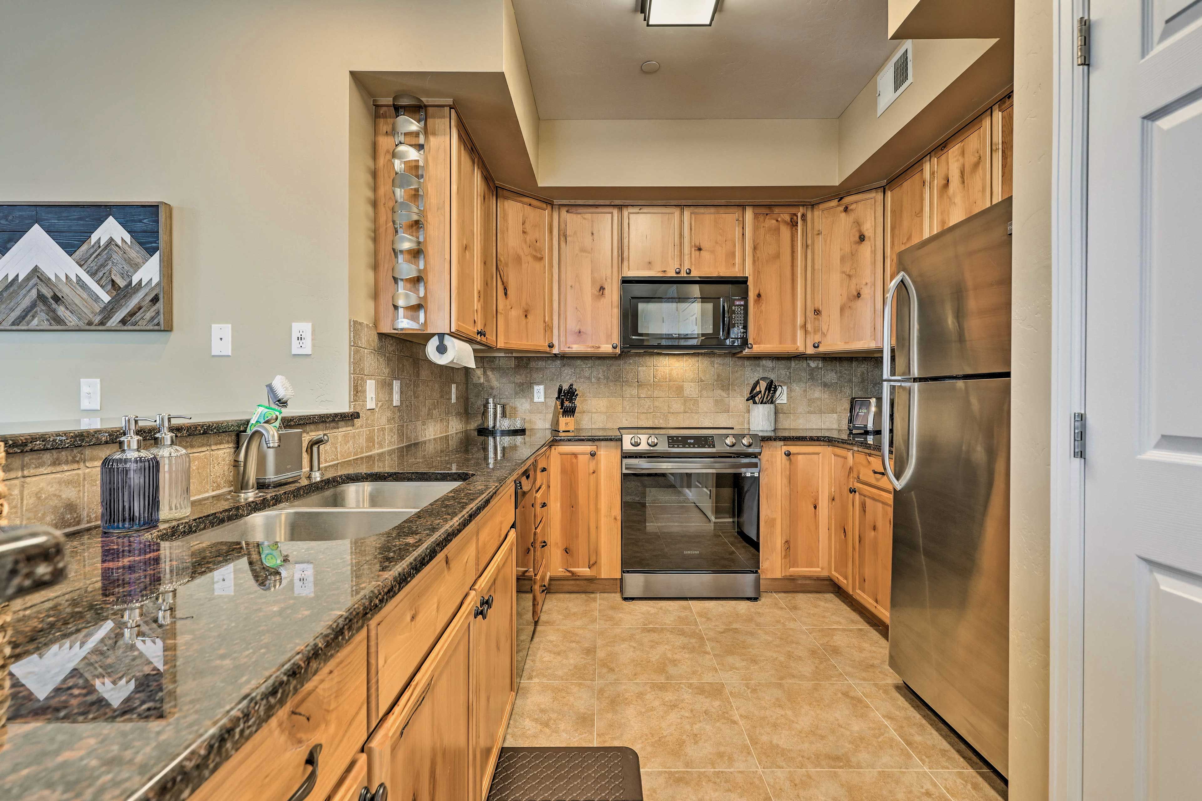 Kitchen | Pet Friendly w/ Fee | Gas Fireplace | Mountain & Wooded Views