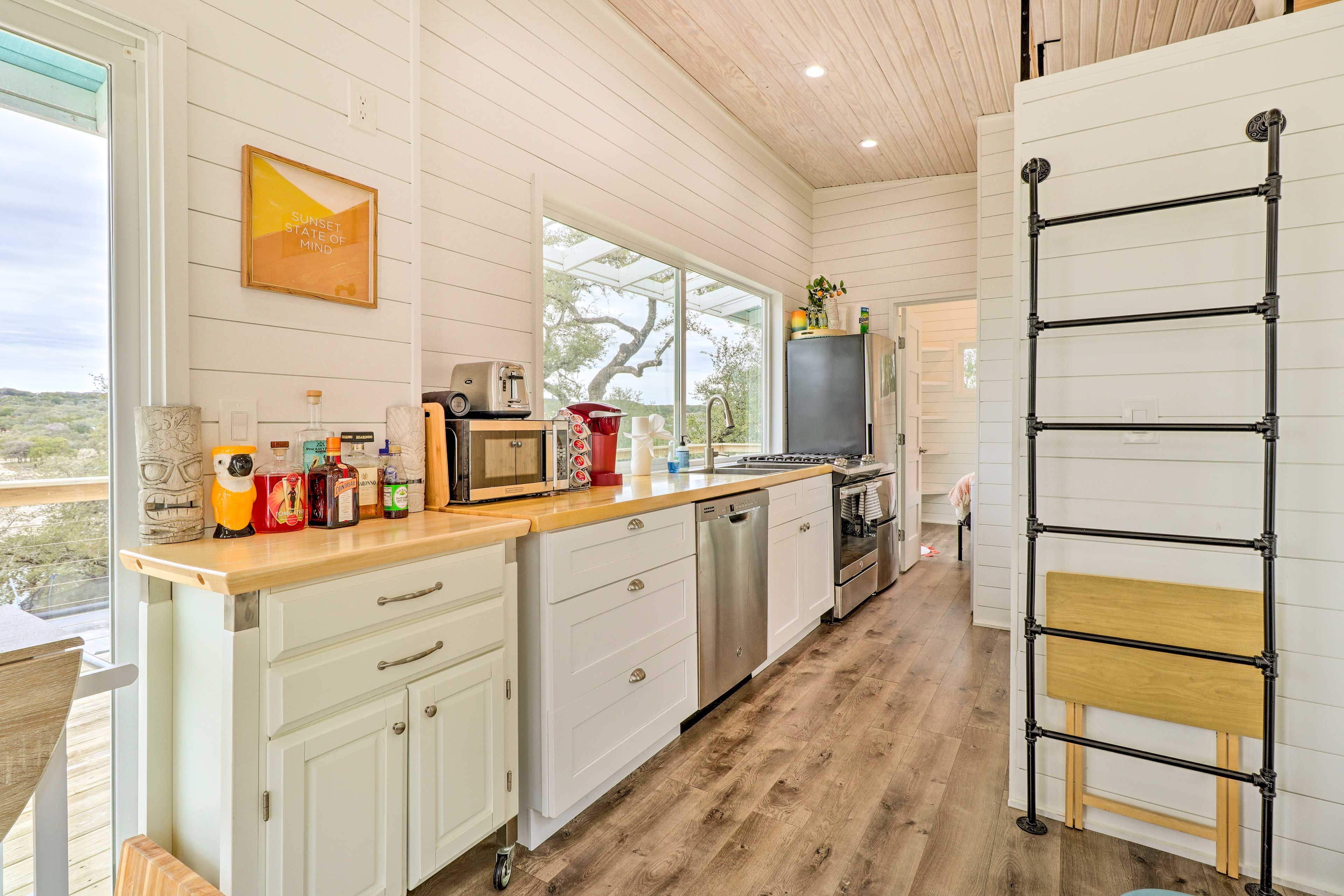 Tiny Home 1 | Kitchenette | Cooking Basics | In-Unit Laundry