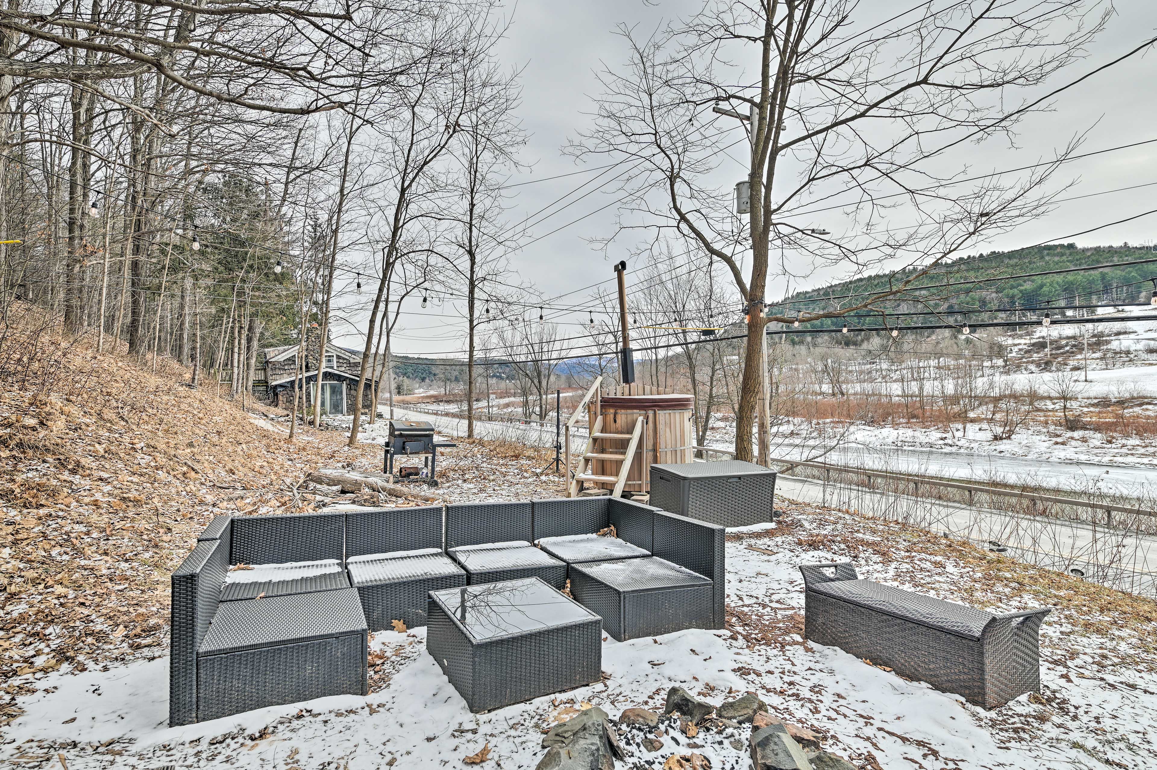 Studio Exterior | Furnished Patio | Private Hot Tub | Fire Pit | Charcoal Grill